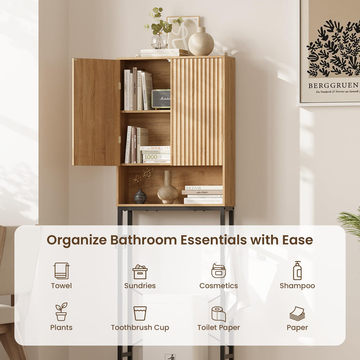 Toilet Storage Cabinet, Over The Rack Wood Cabinet with Metal Stand, Bathroom Organizer with Adjustable Shelf, Tall Freestanding Washer Shelf, Small Cupboard, Space Saver, Natural Style TROJM