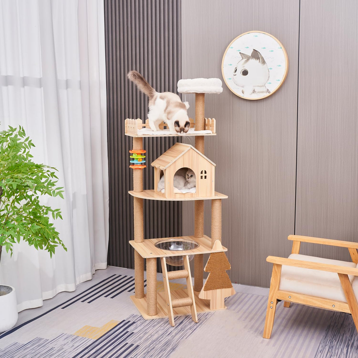 Elegaif Cat Tree, Wood Cat Tree Tower for Indoor Cats, 60.7" Modern Cat Tower with Sisal-Covered Scratching Posts and Top Perch,Cat Condo with Acrylic Hammock for Small Large Cats Elegaif