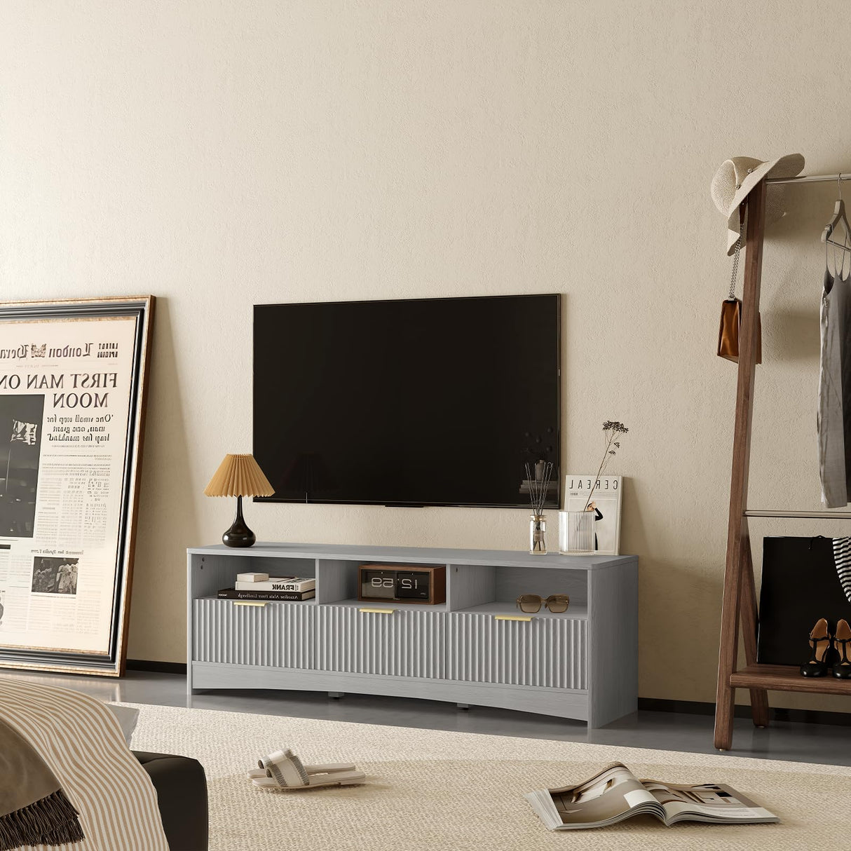 Amada TV Stand for 50-65" TV, Fluted Modern TV Stand Entertainment Center with Drawers and Open Shelf, Waveform Panel, Sleek Curved Profile Media TV Console Table for Living Room, Bedroom, Grey AMADA HOMEFURNISHING