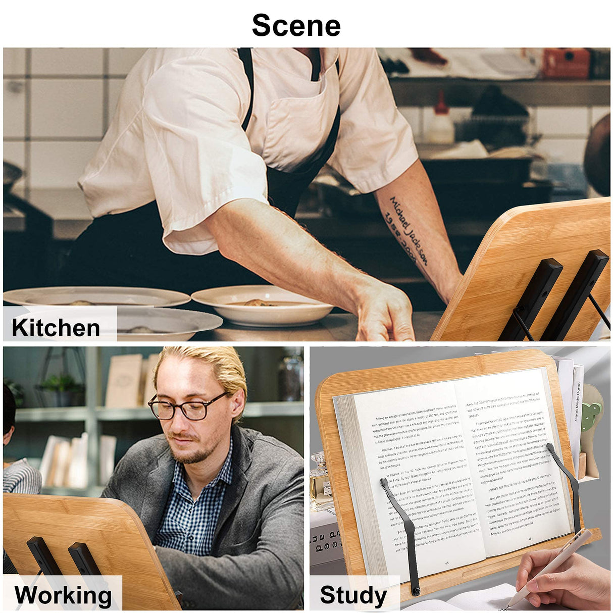 Readaeer Bamboo Book Stand, Large Book Holder with 6 Adjustable Height, Foldable Cookbook Stand Desktop Document Holder for Kitchen & Office (13.4 x 9.3 Inch) READAEER