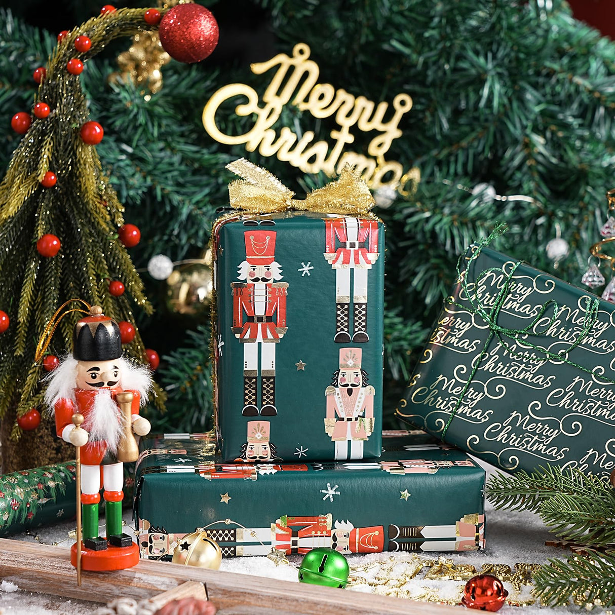 WRAPAHOLIC 30 Inch Nutcracker Christmas Wrapping Paper Roll - Jumbo Roll Green Christmas Tree, Snowflakes and Nutcracker with Metallic Foil Shine Design - 4 Rolls - 30 Inch x 120 Inch Per Roll WRAPAHOLIC