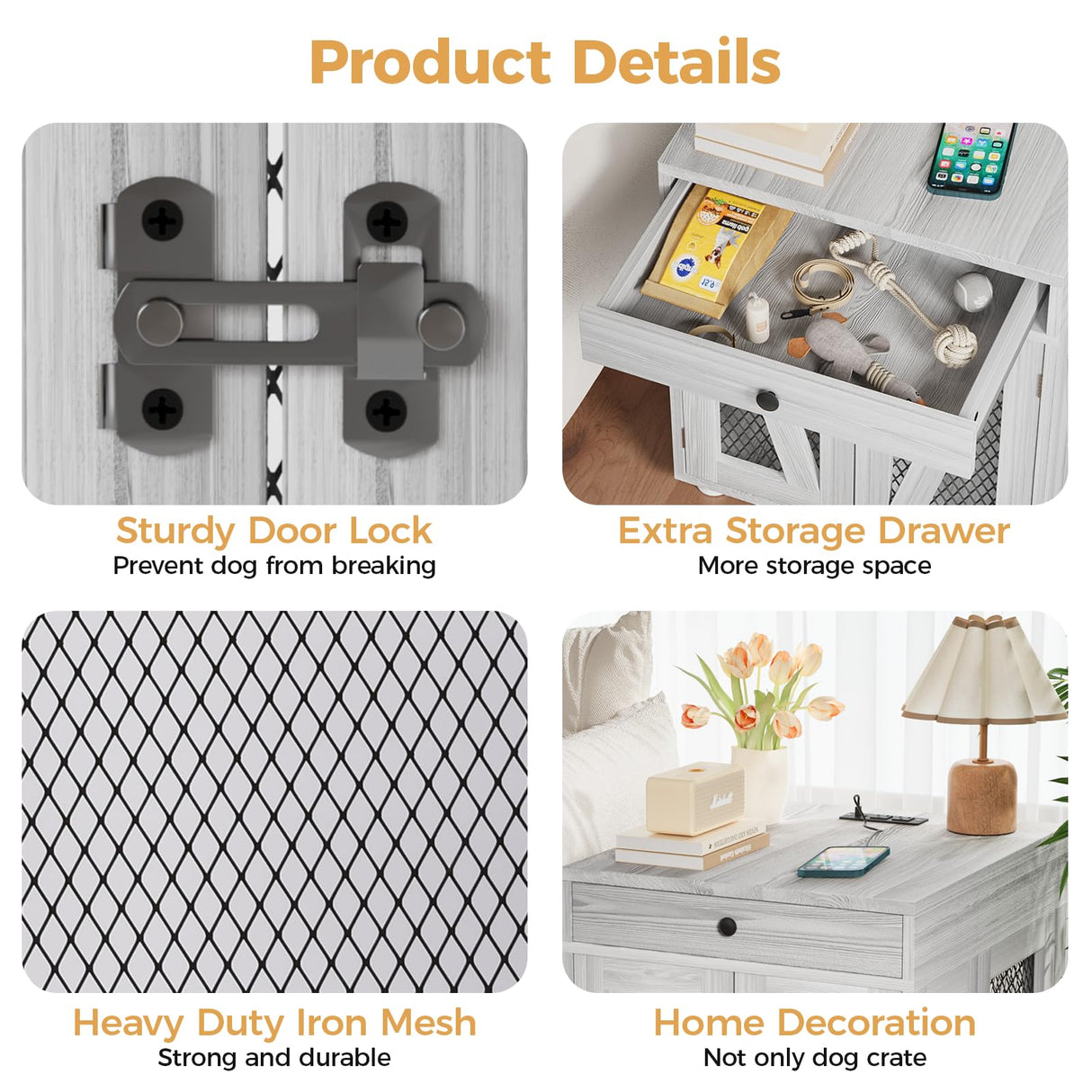 VOWNER Dog Crate Furniture, Wooden Dog Kennel End Table with USB Charging Station, Storage Drawer, Double Latched Door, Furniture-Style Crate Side Table for Small Dogs Under 25 lbs Indoor, Gray Pine VOWNER