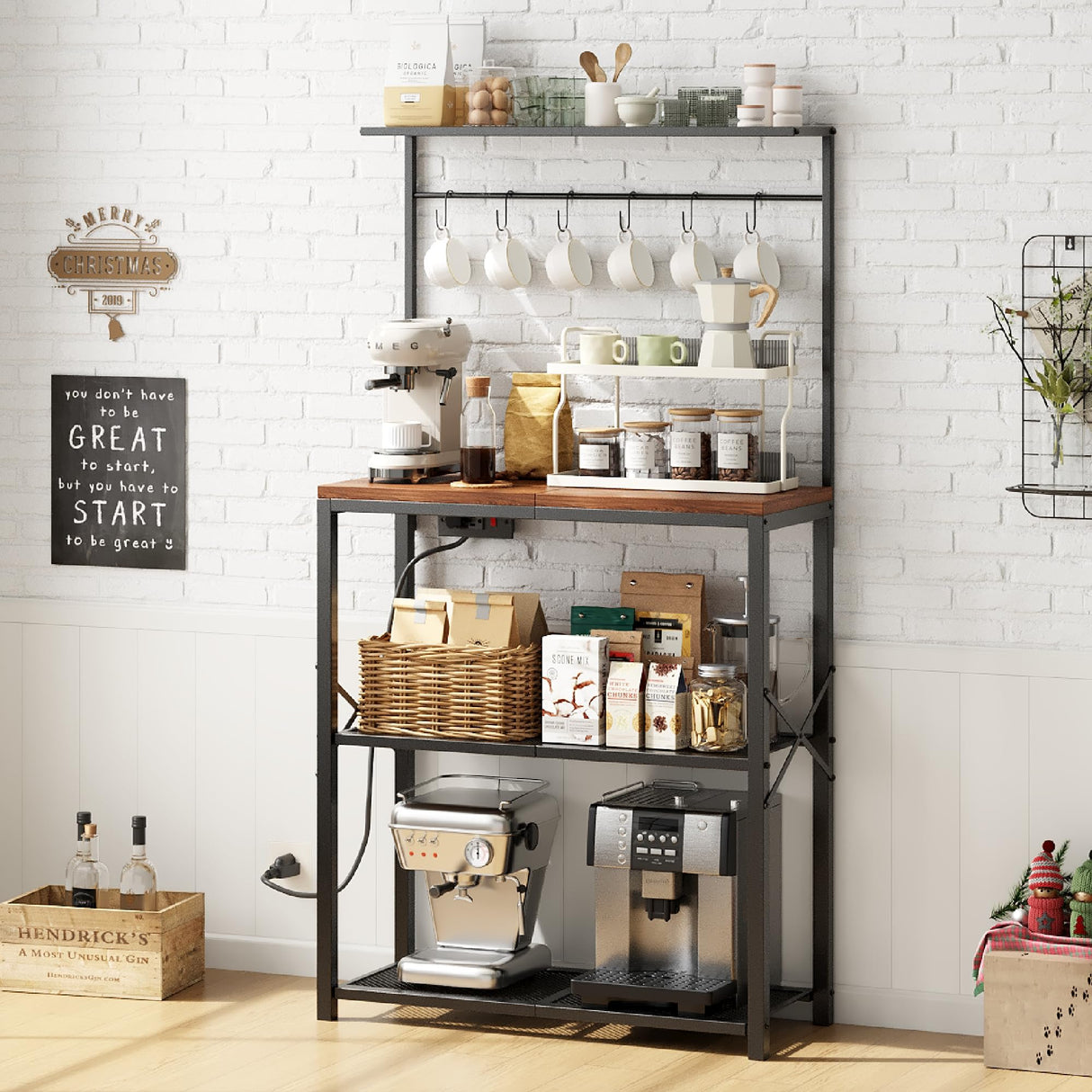 Txecpro kitchen Bakers Rack with Power Outlet, Coffee Bar Table 4 Tiers, Microwave Stand with 6 S-shaped Hooks, Kitchen Storage Shelf Rack for Spices, Pots and Pans,25.6" L x 12" W x 53.5" H Txecpro