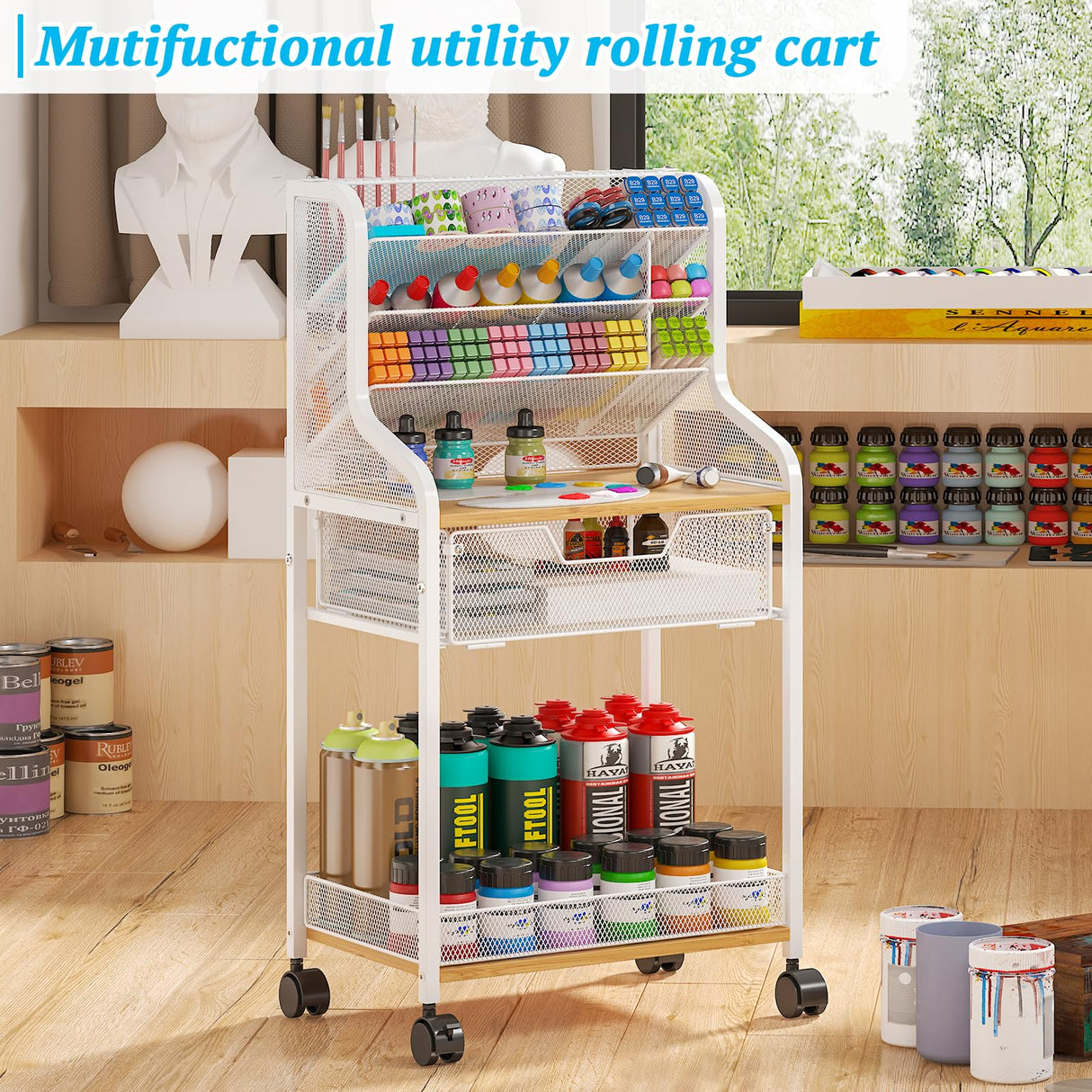 Rolling Craft Cart with Drawer, White Small Utility Cart, Metal Storage Cart with Lockable Wheels, 6 Tiers Paint Organizer for Art Supplies, Store for Brushes Paints Artifacts Small Parts JKsmart