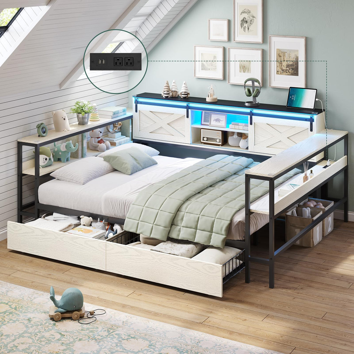 DICTAC Corner Full Bed Frame with Storage Drawers and Charging Station Farmhouse Metal Platform Bed Frame with Sliding Barn Doors and Led Lights Full Daybed with Storage Headboard,Black & White DICTAC