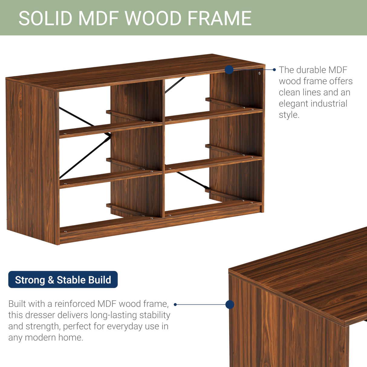 Modern 6-Drawer Dresser with Spacious Storage,Sturdy Wood Frame, and Large Capacity Drawers, Dressers for Bedroom, Home Organization Storage for Living Room or Hallway, Walnut Techni Home