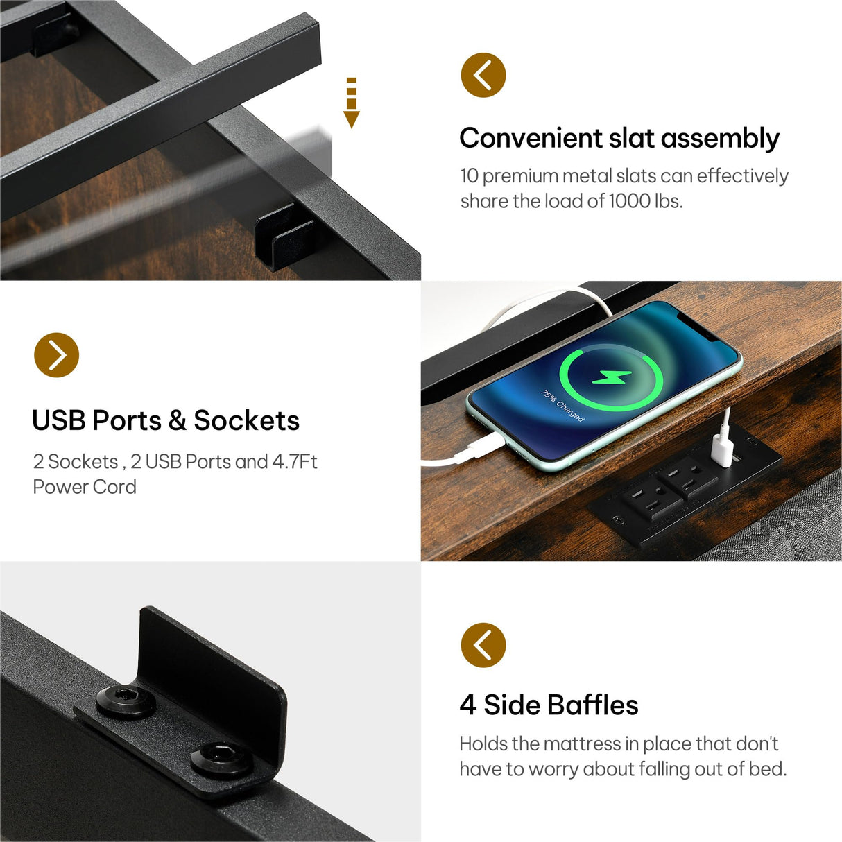 YITAHOME King Size Bed Frame with RGB LED Lights and 4 Drawers, Upholstered Platform Bed with Charging Station and Storage Headboard, No Box Spring Needed, Noise-Free, Fast Assembly, Rustic Brown YITAHOME