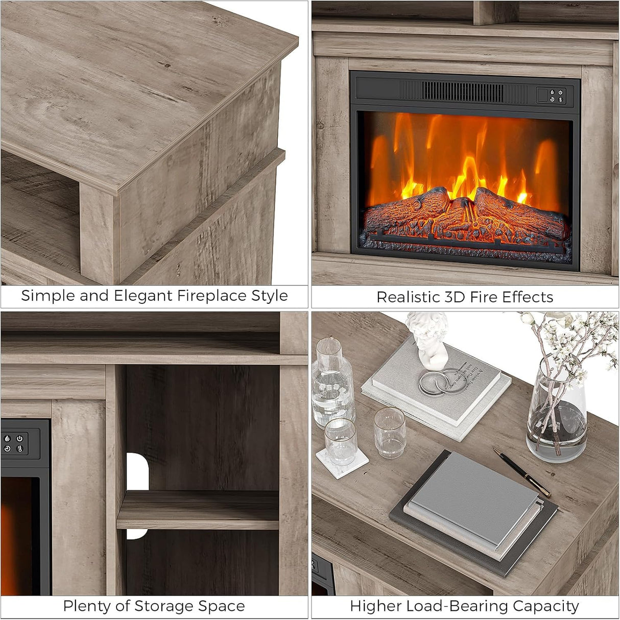 GarveeTech Farmhouse Electric Fireplace TV Stand for TVs up to 58", Entertainment Center with 23" Electric Fireplace Remote Control, TV Console Cabinet with Open Storage Shelves for Living Room, Wood GarveeTech