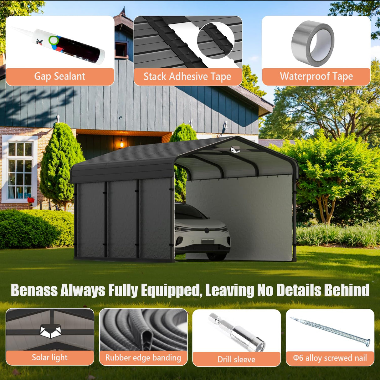 Benass 10x15 Metal Carport, Carport Canopy 10x15 Heavy Duty, Galvanized Steel Roof Car Port with Removable Polyethylene Sidewalls Benass