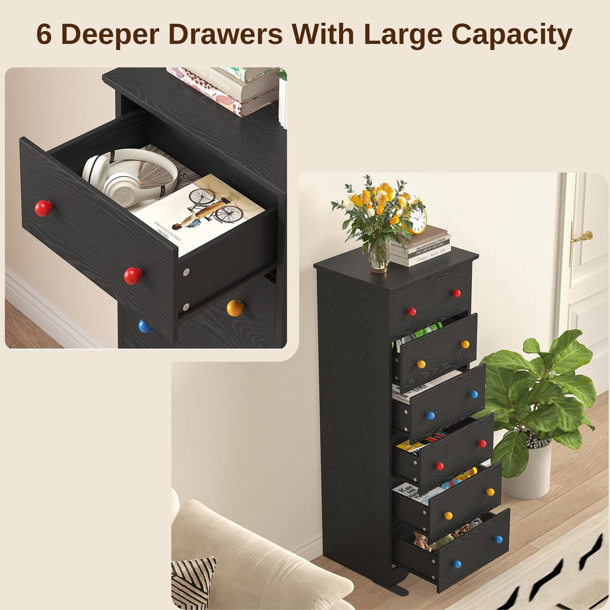 LIKIMIO Tall Skinny Dresser, 6 Drawer Dresser Tall with Colorful Handles, Chest of Drawers for Bedroom, 51.5" H Modern Wooden Storage Cabinet with Metal Sliding Rail, Black LIKIMIO