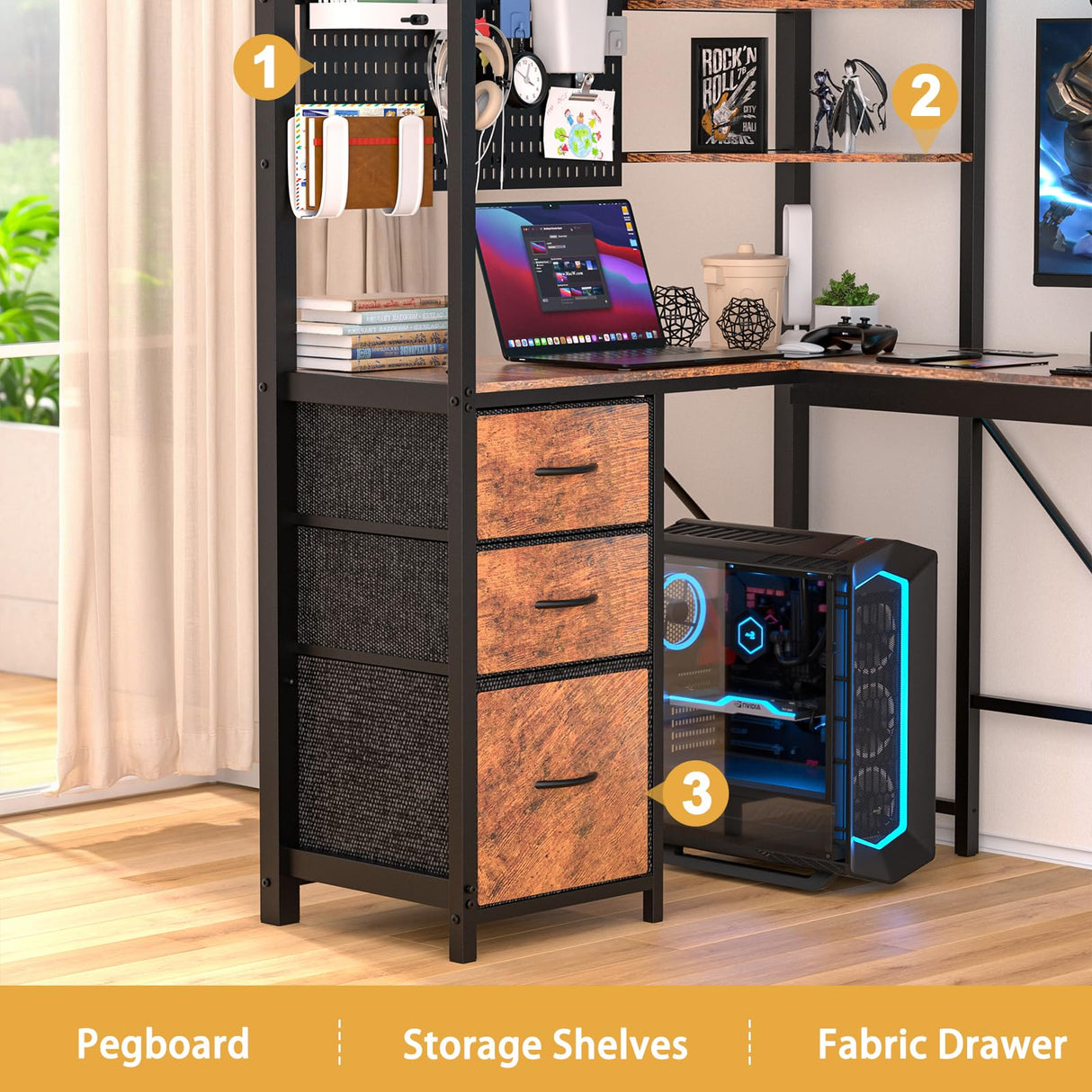 YOEEMZ Loft Bed Twin Size with L-Shaped Desk, LED Lights, Charging Station, Metal Loft Bed Frame with Storage Shelves, Pegboards and 3 Drawers, High Safety Guard, Widened Ladder, No Box Spring Needed YOEEMZ