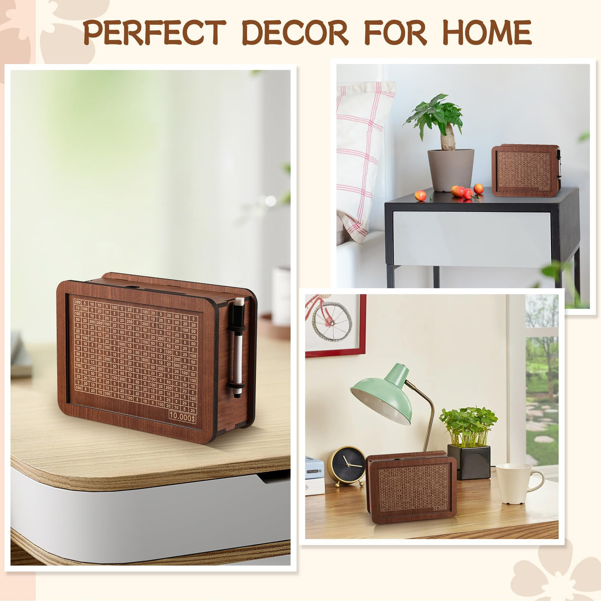 Cash Vault Wooden Savings Box, Piggy Bank for Adults Kids, Coin Bank for Boys and Girls, Unique 10000 Savings Challenge Box, Wooden Cash Savings Box with Money Target and Numbers (10000 Dollar) FOLENCER