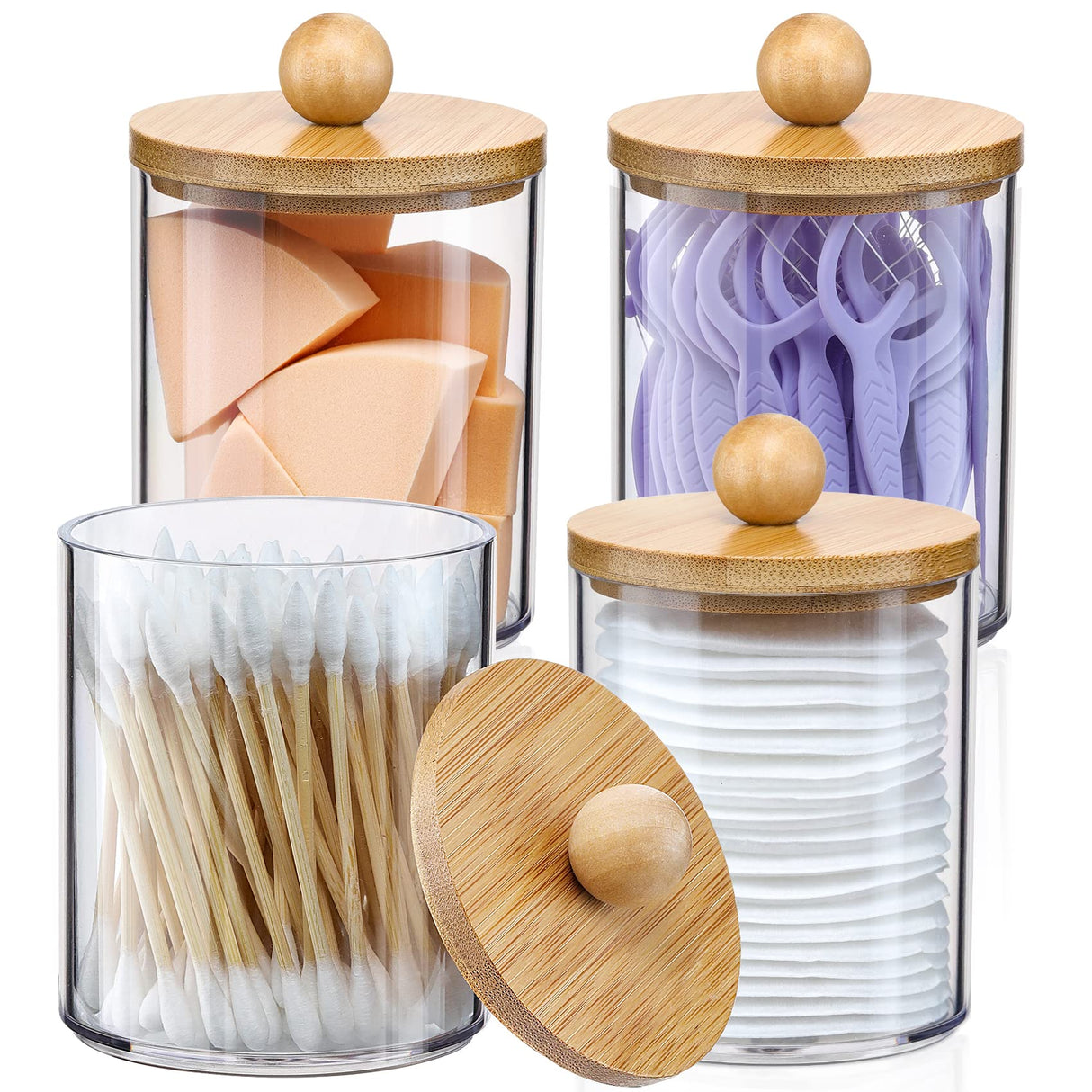 4 Pack Qtip Holder Dispenser with Bamboo Lids - 10 oz Clear Plastic Apothecary Jar Containers for Vanity Makeup Organizer Storage - Bathroom Accessories Set for Cotton Swab, Ball, Pads, Floss VITEVER