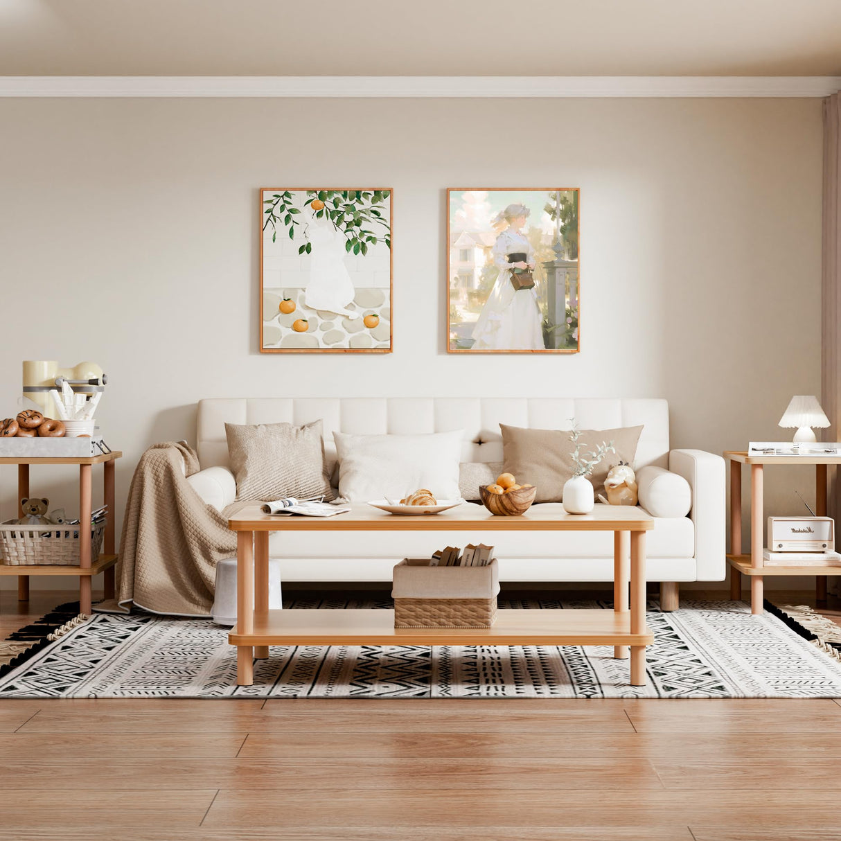 2 Tier End Table Low Table with Solid Wood Legs, Small Coffee Table Side Table, Boho Bedside Table with Storage Shelf, Nightstand for Small Spaces, Bedroom, Living Room, Entryway, Farmhouse, Natural