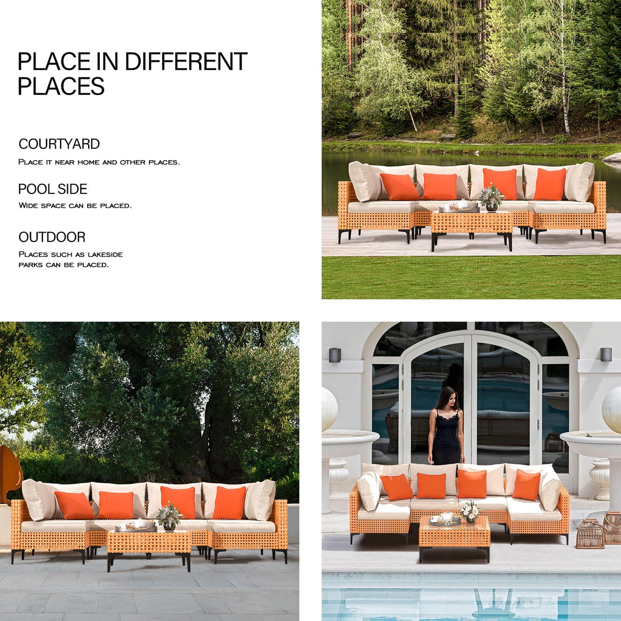 ARTBUSKE 7 Piece Outdoor Patio Furniture Set Modular Outdoor Furniture Set Wicker Outdoor Sectional Sofa with Table Patio Set for Balcony Porch Deck Yard (Salmon&Orange Wicker, Sand Cushion) ARTBUSKE