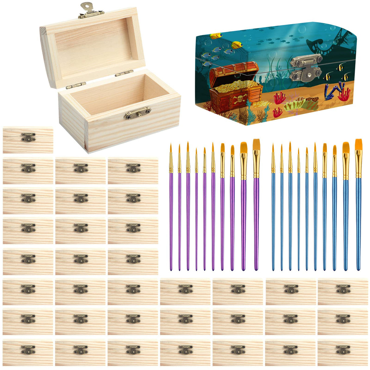 36 Pieces Unfinished Wood Box with 20 Paintbrushes Mini Treasure Chest Box Small Box with Hinged Lid Wooden Storage Box for DIY Project Craft Home Party Jewelry Box, 3.5 x 2.2 x 1.8 Inch Kenning