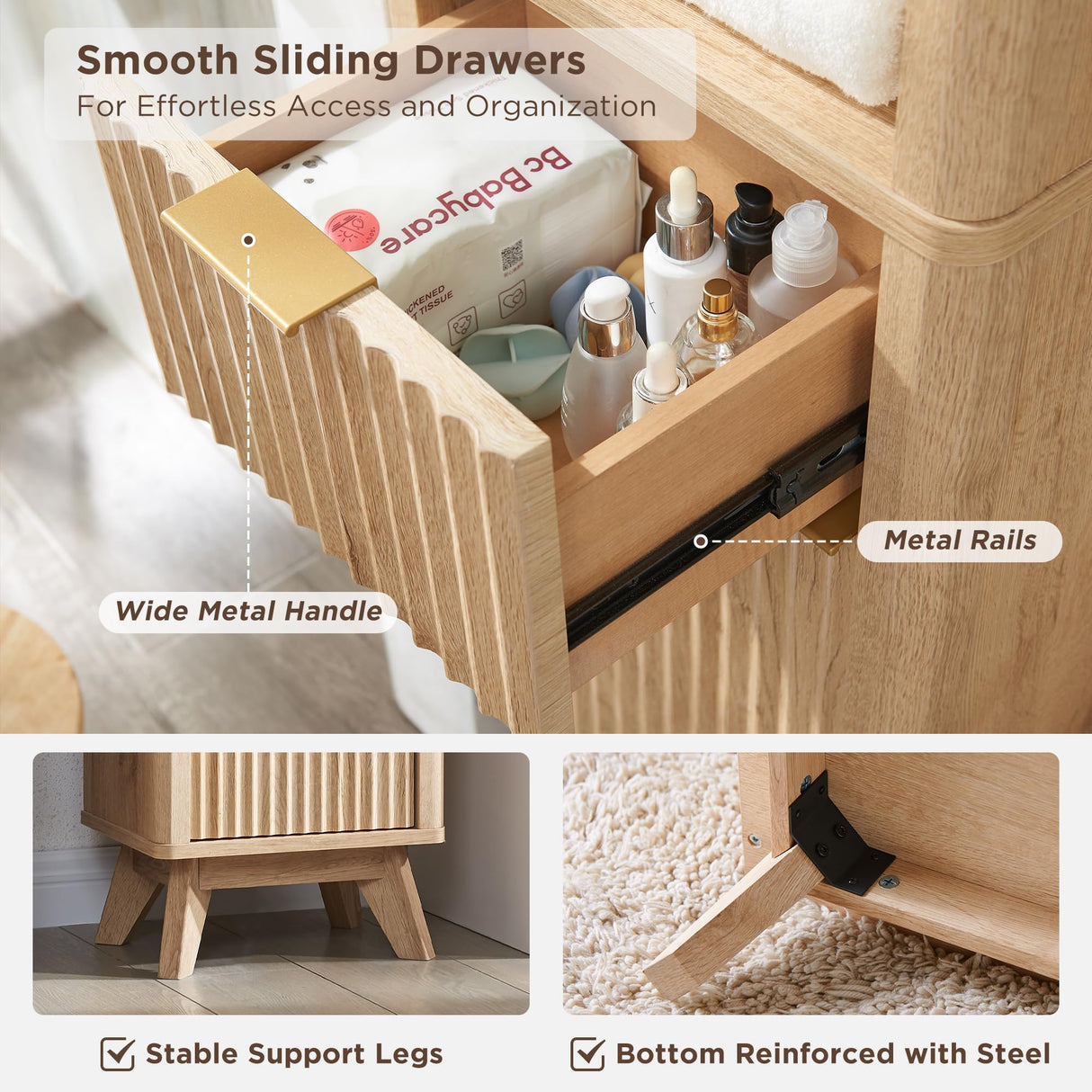 RedLemon 68" Tall Bathroom Narrow Storage Cabinet with Adjustable Shelf, Drawer & Faux Marble Top, Curved Profile Linen Tower for Bathroom, Living Room, Kitchen, Natural Oak Color RedLemon