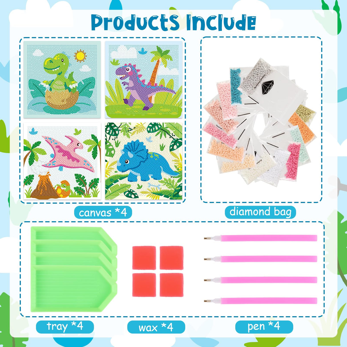 Cheerupp 4 Pcs Dinosaur Diamond Art Kits for Kids, Jungle Safari Animal DIY Creative Diamond Art Sticker Craft by Number for Adults Beginner, Full Round Drill Gem Art for Home Wall Decor Cheerupp