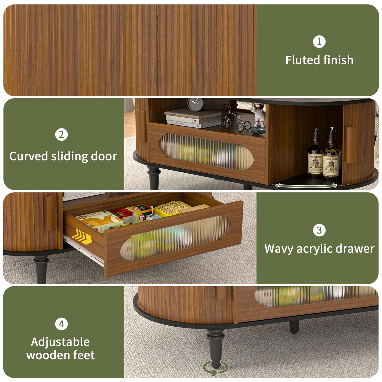 Fluted Round Coffee Table with Storage, Modern Oval Coffee Table with Drawer, Sliding Door, Low Small Center Tables for Living Room, Wooden Boho, Mid Century, Unique, Black and Walnut Jluomei