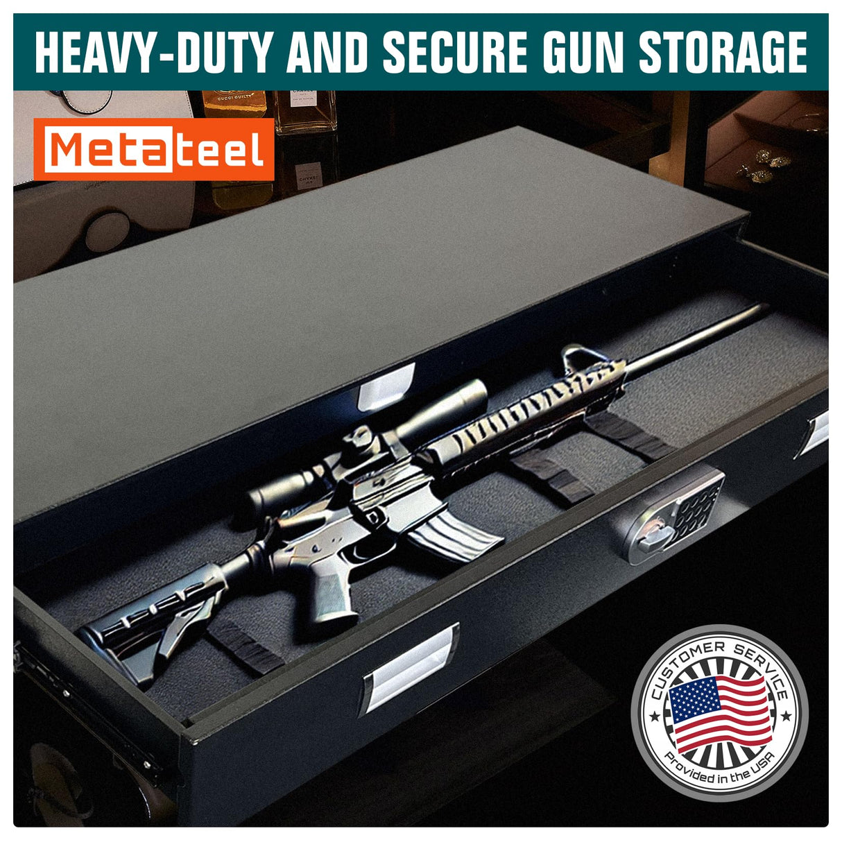 Under Bed Gun Safe Drawer for AR Rifle - Long Storage Case for Car Trunk Gun Storage - Rifle Safes for Home Rifle and Pistols, Horizontal and Vertical Gun Safe | 43.3‘’L x 13.8''W x 5''D Metateel