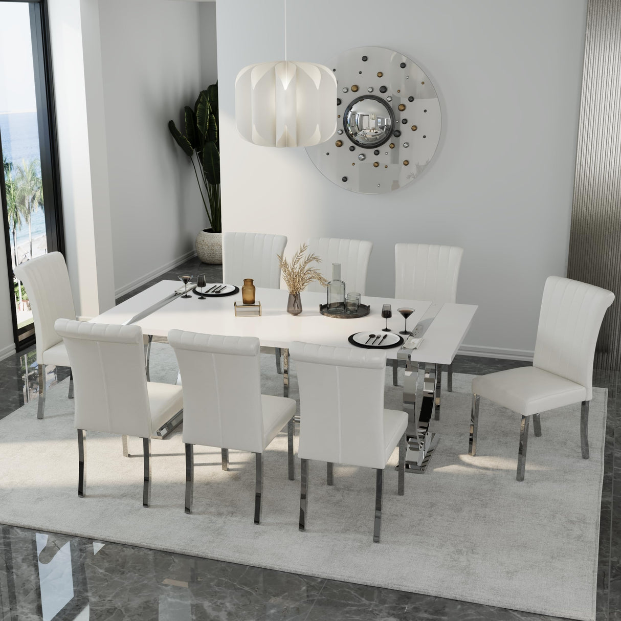 Asday 9 Piece Dining Table Set, Luxury White and Silver Dining Room Table Set with 80 inch Rectangular Dining Table and 8 White Leather Dining Chairs Asday