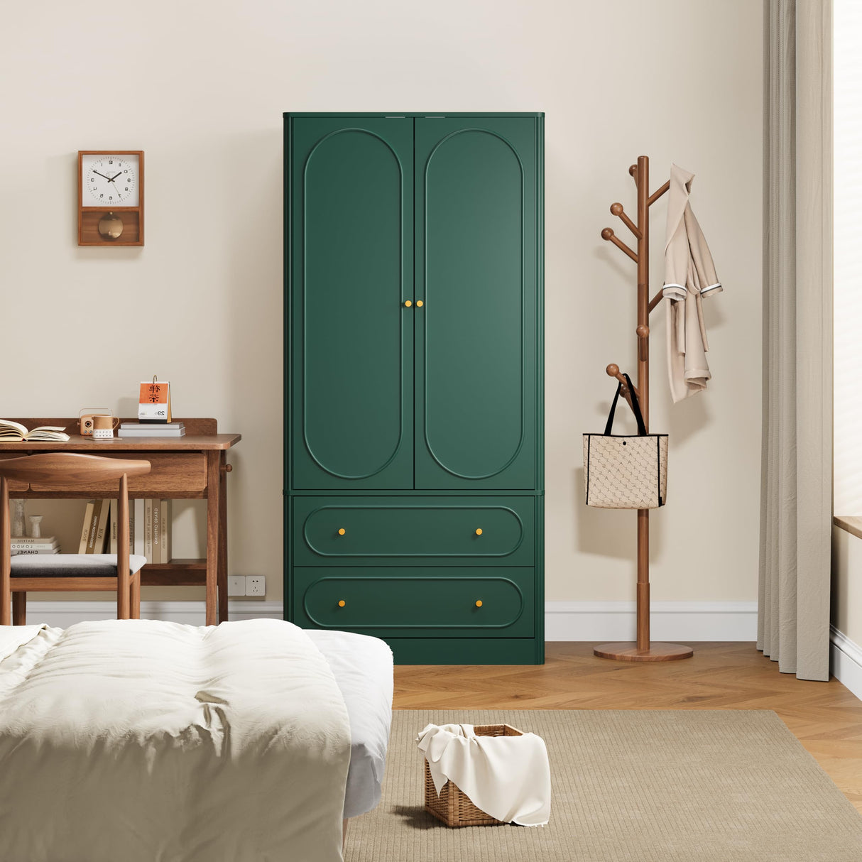 Fluted Freestanding Armoire Wardrobe Closet with 2 Doors and 2 Storage Drawers, Large Capacity Wardrobe Cabinet, Wooden Closet for Bedroom, Living Room - Green ORRD