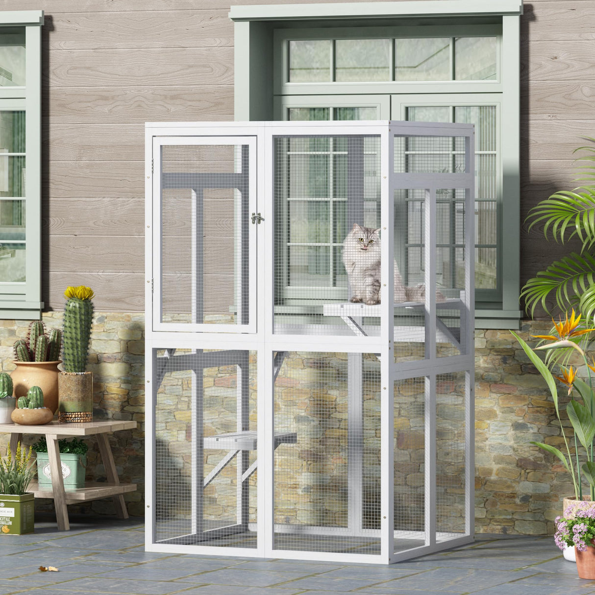 COZIWOW Catio Outdoor Cat Enclosure Window Access, Wooden Cat House Shelter, Kitty Cage with 3 Platforms for Patio Indoor (White) COZIWOW