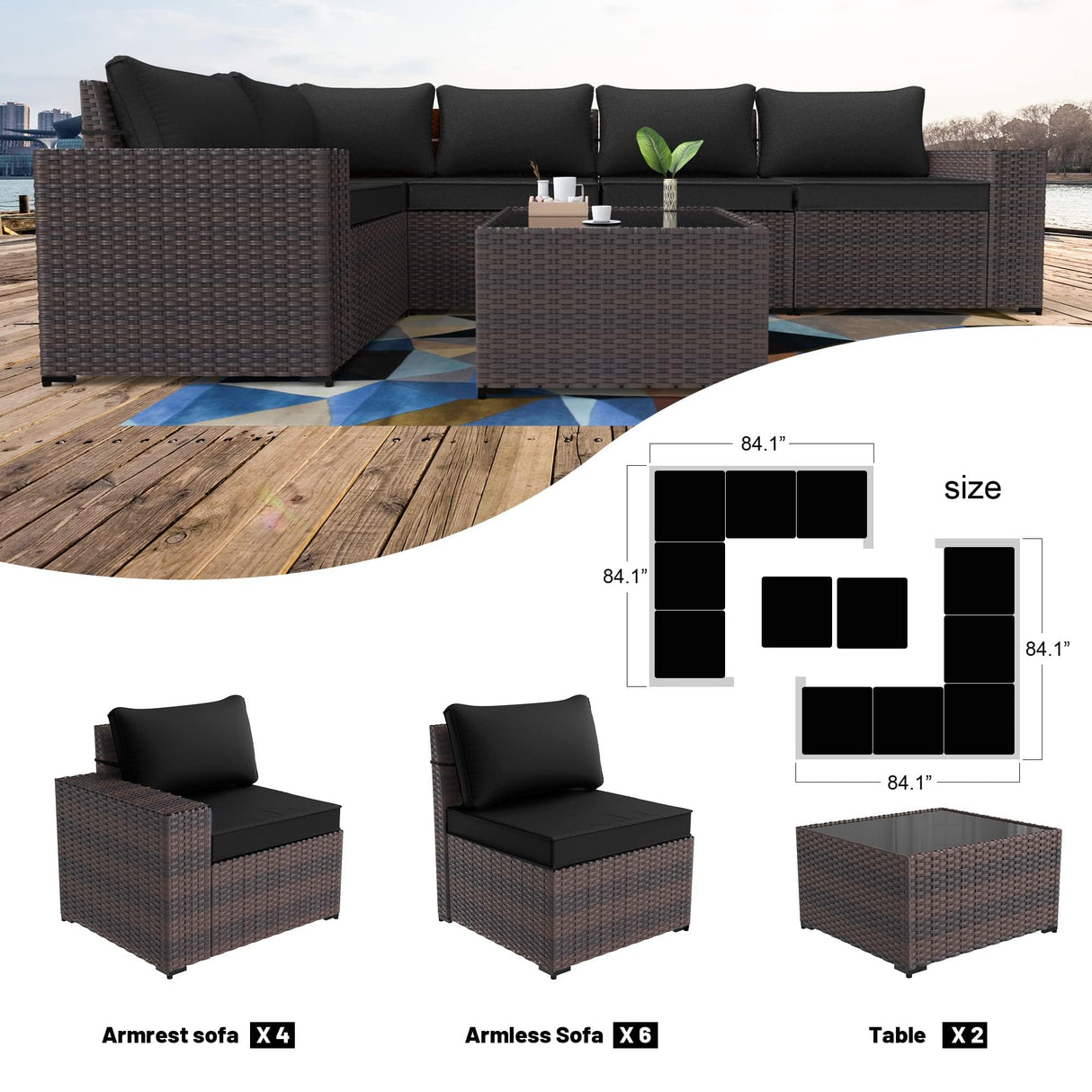 Kullavik 12PCS Outdoor Patio Furniture Set PE Wicker Rattan Sectional Sofa Patio Conversation Sets,Black Kullavik