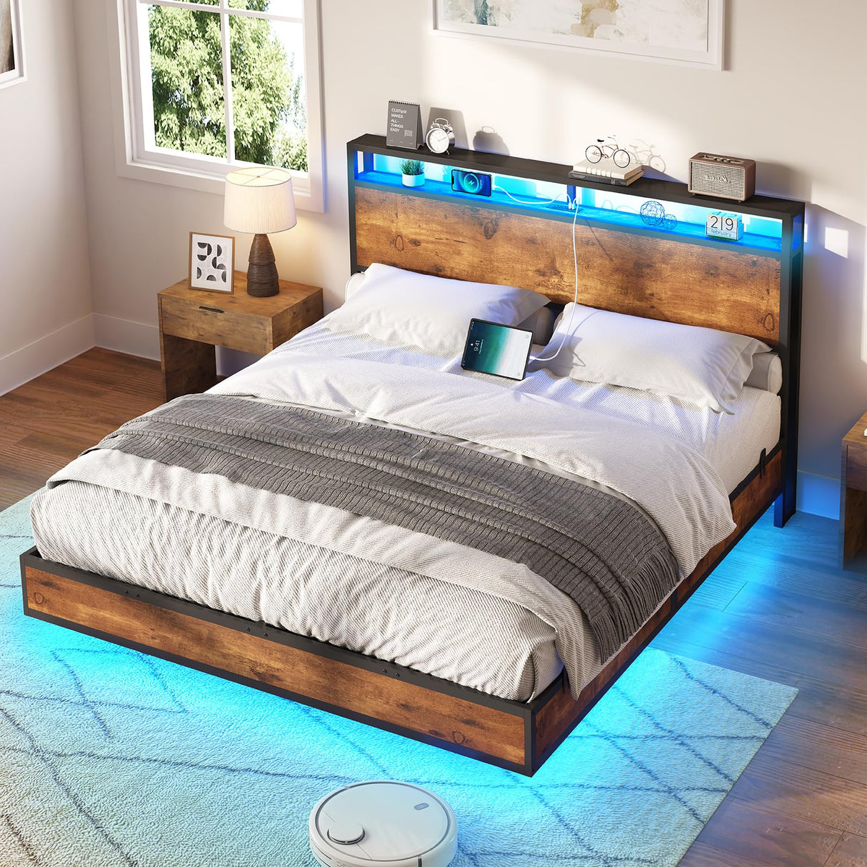 AMERLIFE Full Size Floating Bed Frame with LED Storage Headboard & Charging Station in Rustic Brown AMERLIFE