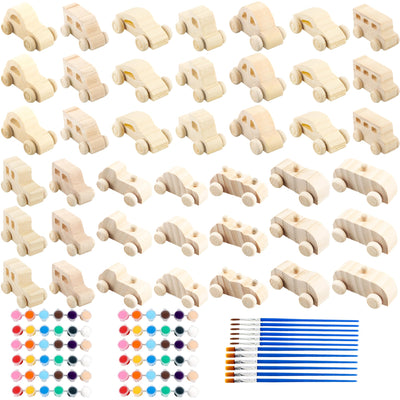 Feradny 42 Pieces Wood DIY Car Toys Unfinished Wooden Cars Wood Car Crafts with 12 Painting Kits for Kids Home Activities Easy Woodworking Party Favors