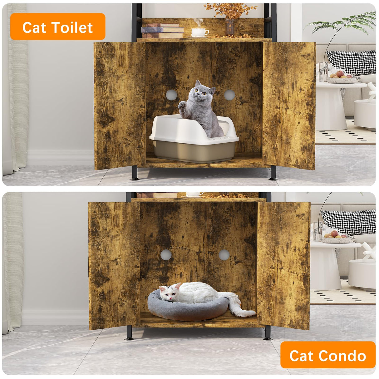 Katrawu Litter Box Enclosure with Shelves, Hidden Cat Enclosure Furniture,2-in-1 Tall Cat Litter Box Cabinet,Cat Washroom with Free Cat Scratch Pad,Rustic Brown 52in H Katrawu