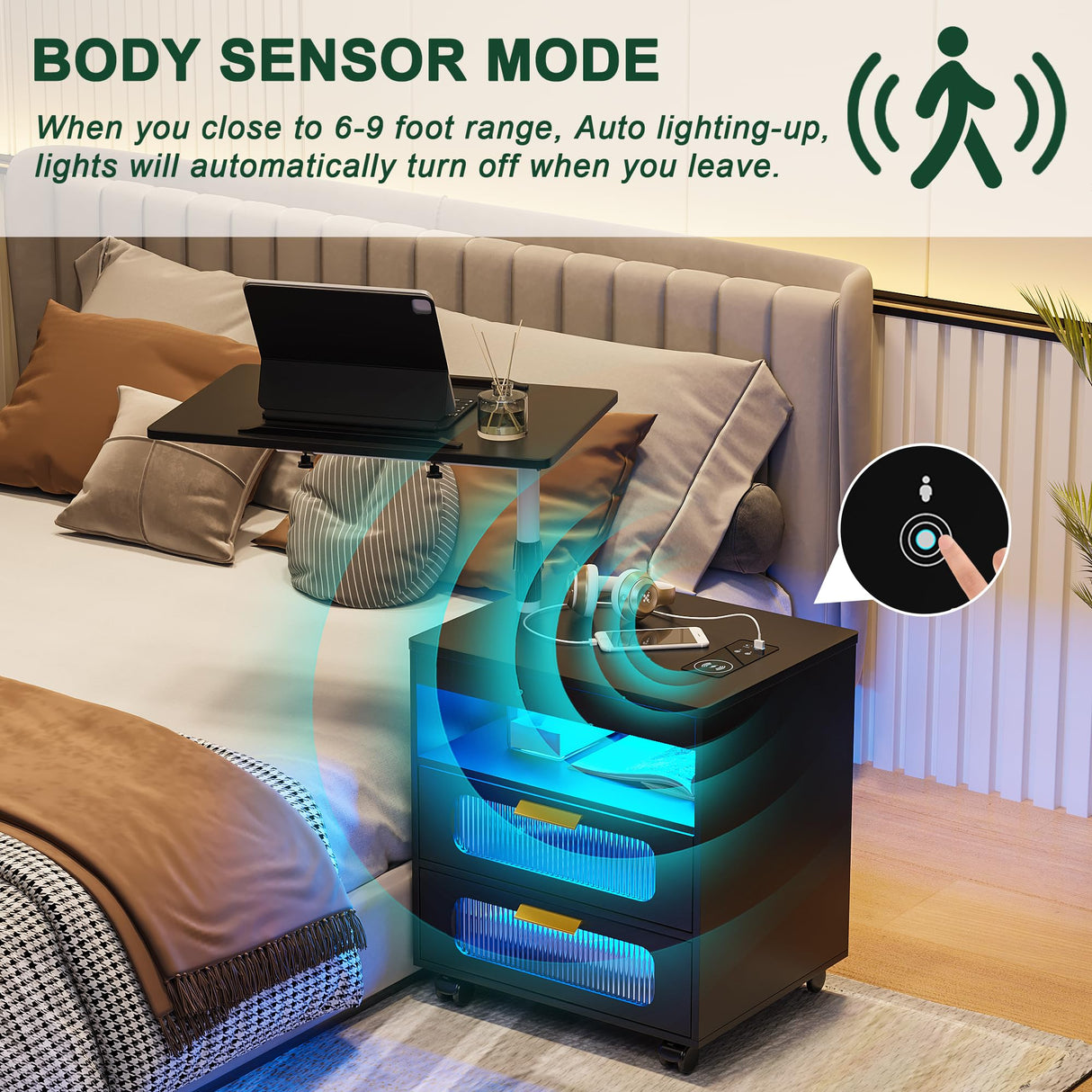 HNEBC Nightstand with Wireless Charging Station, LED Nightstand Has Adjustable Rotary Workstation,Smart Night Stand with 2 Drawers,Modern Bedside Table for Bedroom, Sensor Light/Wheel (Black) HNEBC