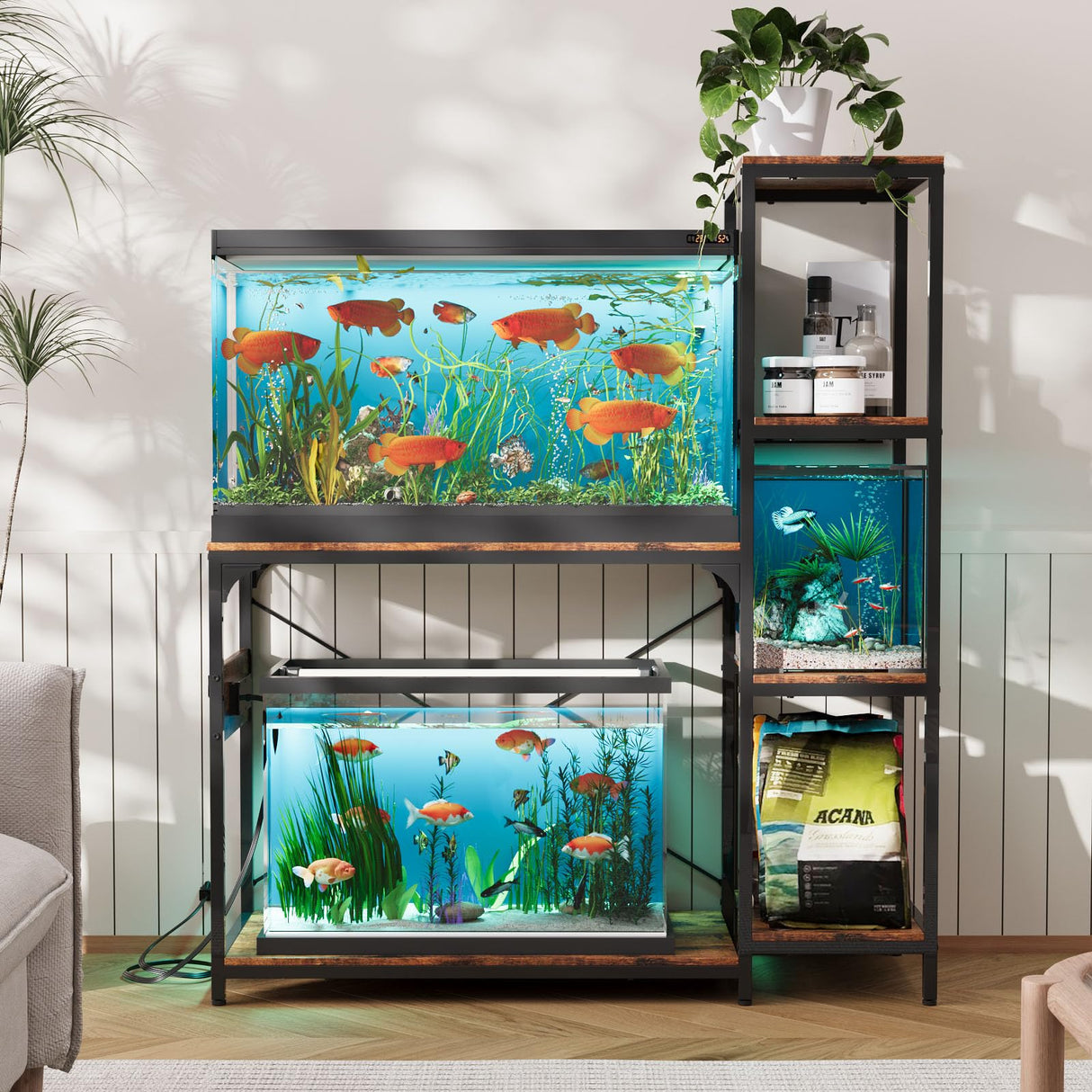 VOWNER 20-29 Gallon Fish Tank Stand with Power Outlet, Wood Aquarium Stand with Shelves for Fish Tank Accessories Storage, Heavy Duty Metal Frame, Turtle Reptile Terrarium Stand, Load 500lb, Brown VOWNER