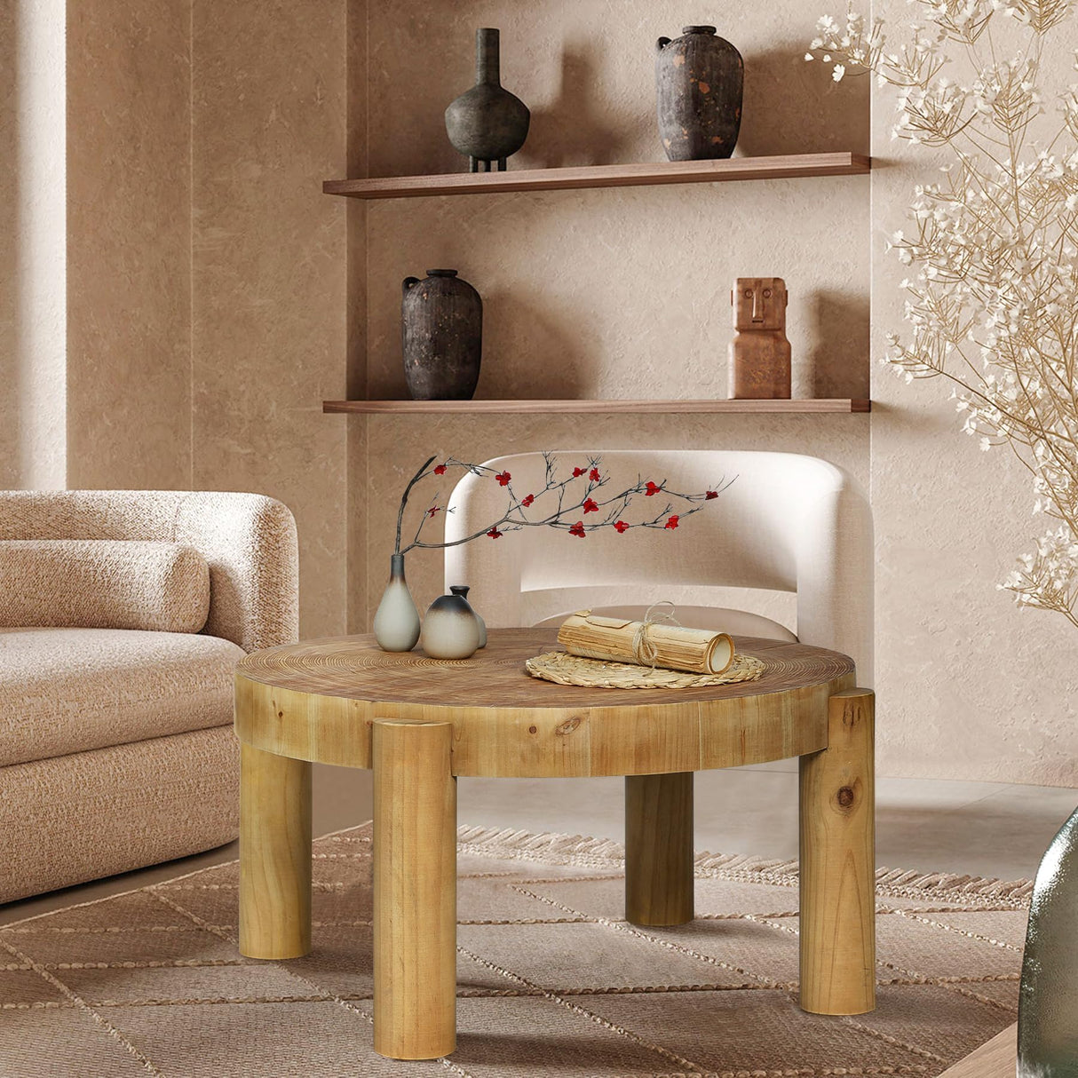 HOKYHOKY Round Wood Coffee Table - 29.53" Wooden Coffee Tables Living Room with Solid Wood Legs and Natural Wood Veneer, Farmhouse Boho Circle Coffee Tables, Natural Wood Color, 29.53" D X 16.54" H HOKYHOKY