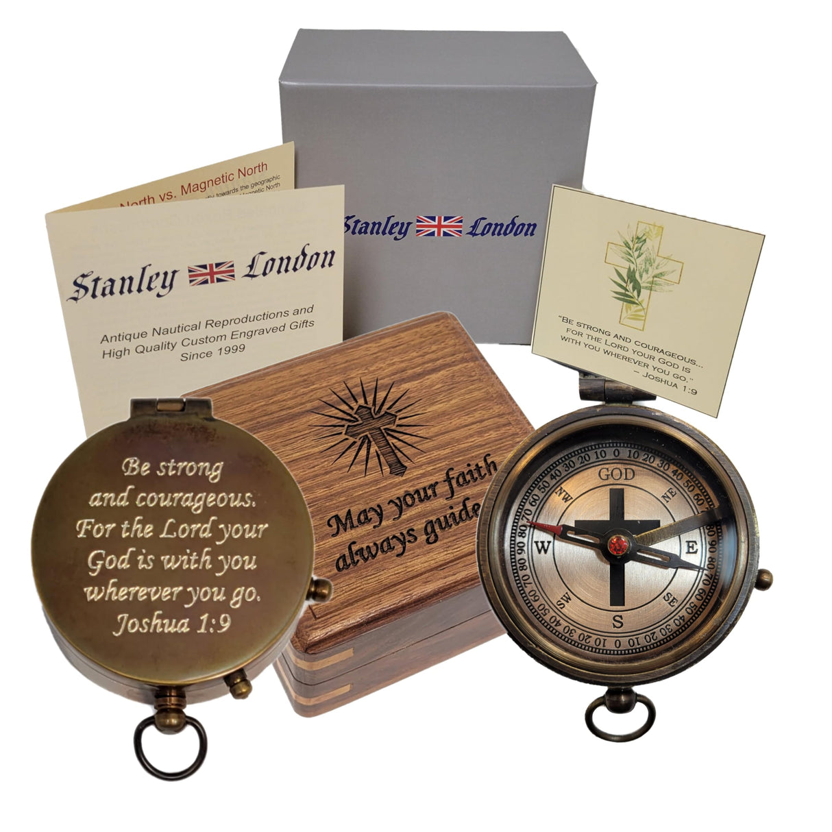 Personalized Engraved Compass Gift for Baptism, Confirmation | Proverbs 3:5-6 Trust in The Lord | Joshua 1:9 Be Strong and Courageous | Gift Box and Greeting Card Included (FBA - Joshua 1:9) Stanley London