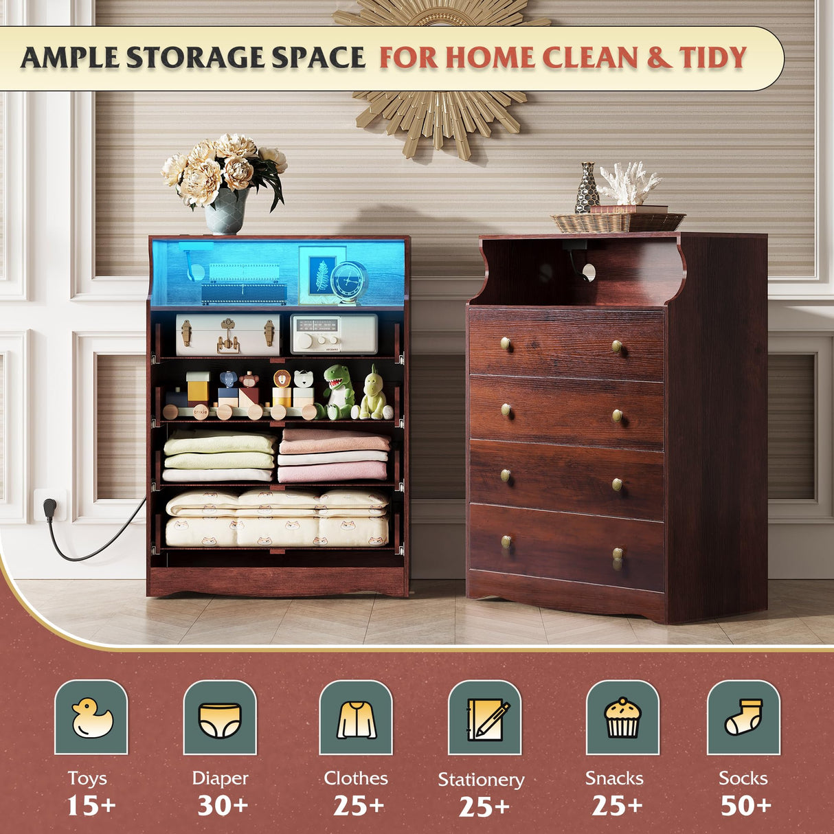 WLIVE LED Dresser for Bedroom, Tall Wood Dresser with 4 Drawers and Open Shelf, Chest of Drawers with Charging Station and LED Lights for Living Room, Hallway, Closet, Rustic Brown WLIVE