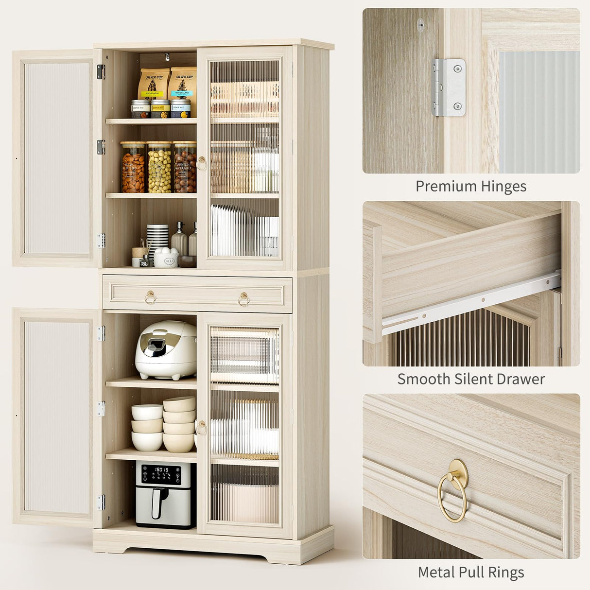 Curlaky Kitchen Pantry Cabinet with Arcylic Doors and Adjustable Shelves - 72" Tall Storage Cabinet Freestanding Cupboard with Drawer, Food Pantry Cabinet, Wood Storage Cabinets for Dining Room, White Curlaky