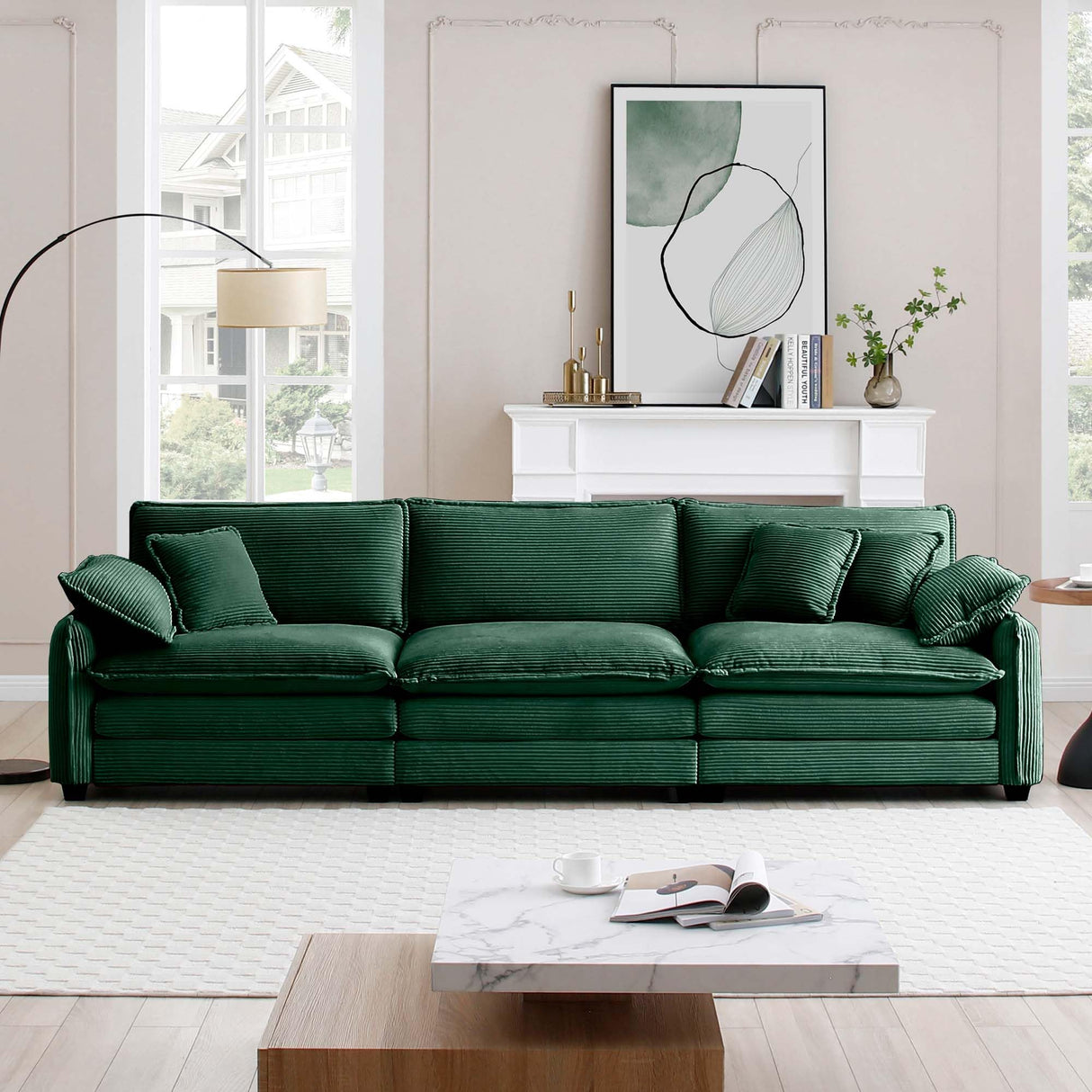 Ball & Cast 115.34" Modular Sectional Sofa Couch, Comfy Corduroy 3 Seat Upholstered Reclining Sofa-Bed w/ 5 Pillows & Removable Back Cushions for Living Room Apartment Office Small Spaces, Green Ball & Cast