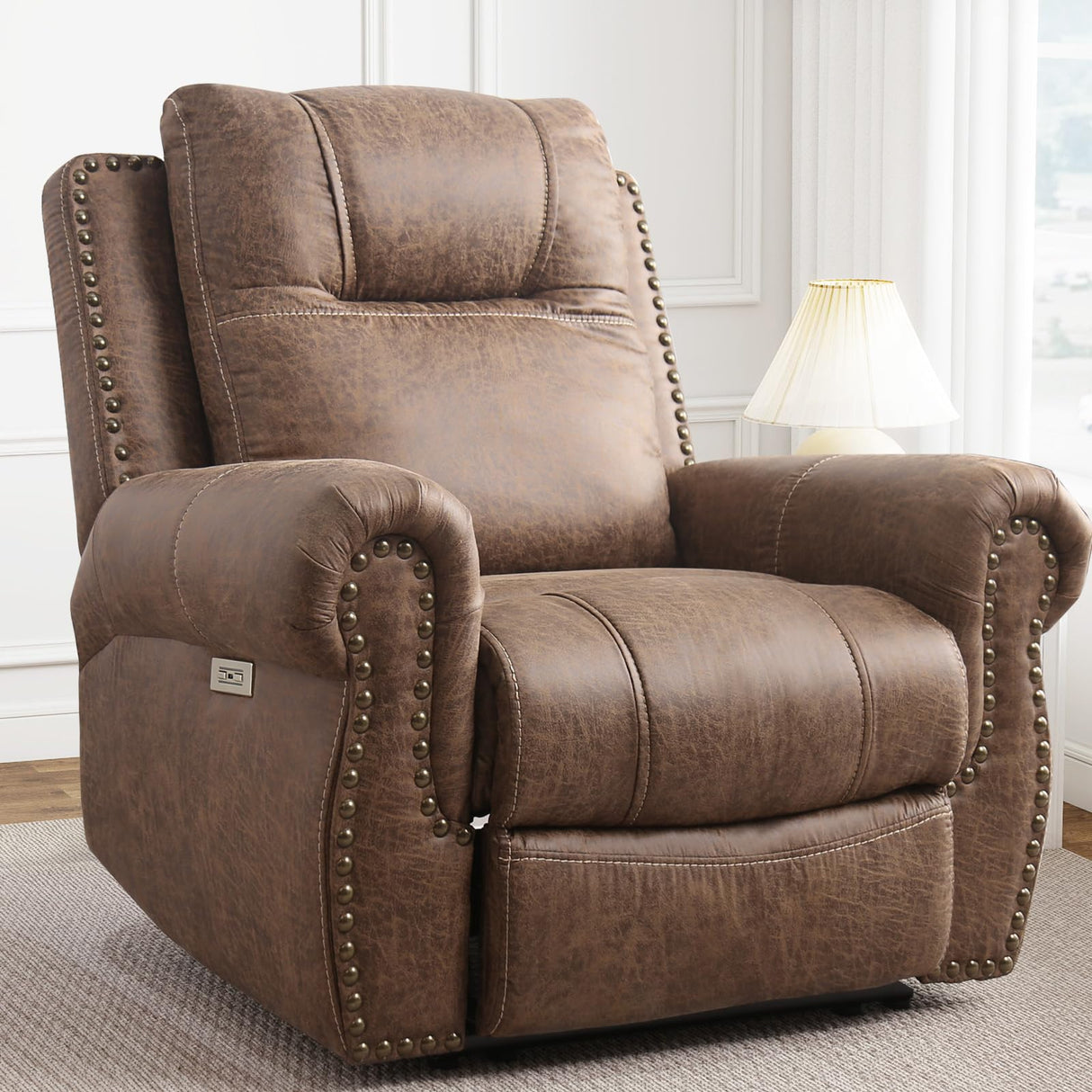 ANJ Electric Power Recliner Chair with USB Ports, Breathable Faux Leather Oversized Recliner with Comfortable Arms, Back and Headrest, Single Sofa for Living Room, Nut Brown ANJ