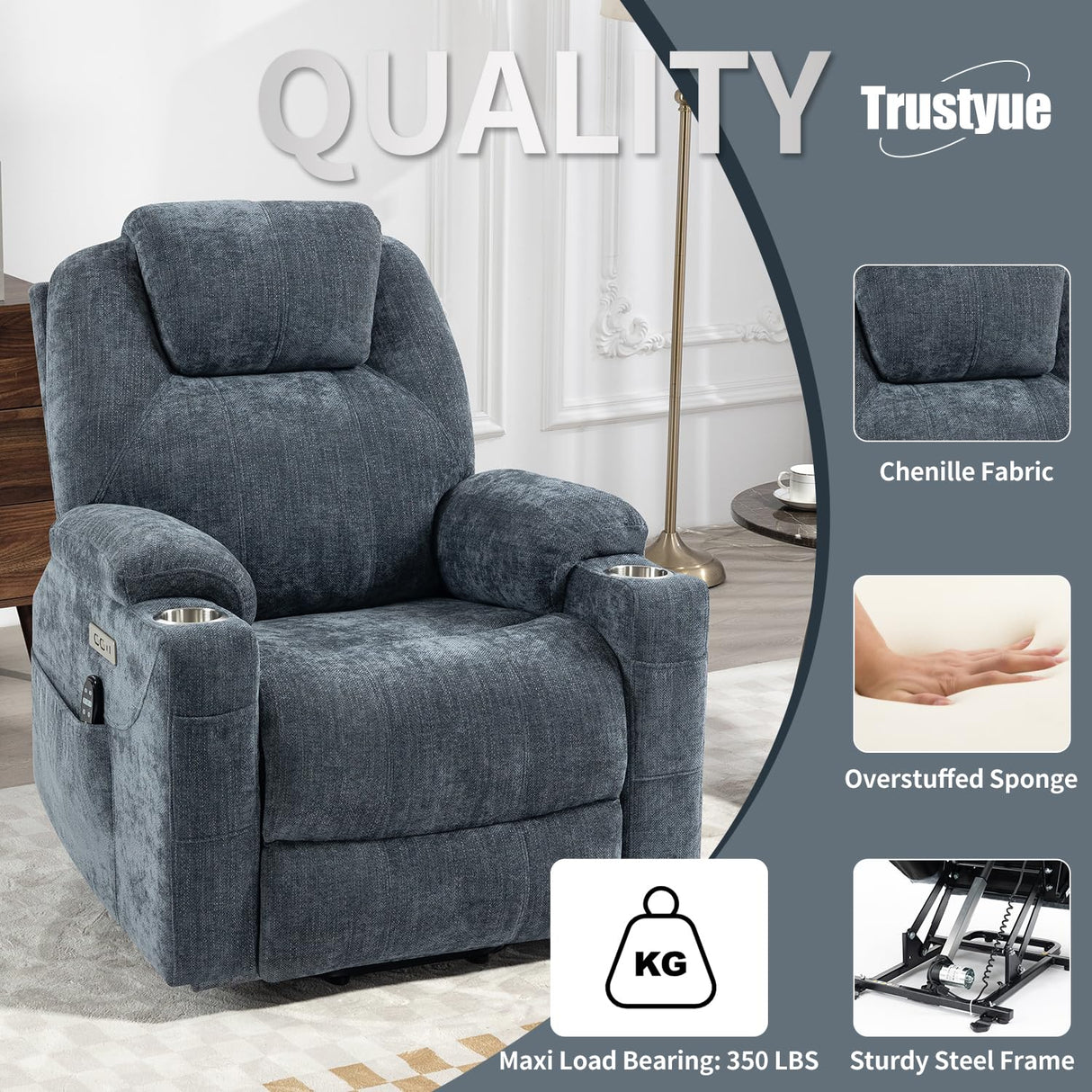 Trustyue Upgraded Power Lift Recliner Chair with Massage & Heat, Premium Motor, Max 155° Reclining, Standing Assistance for Elderly, USB Ports, Stainless Steel Cup Holders, Chenille Blue Trustyue