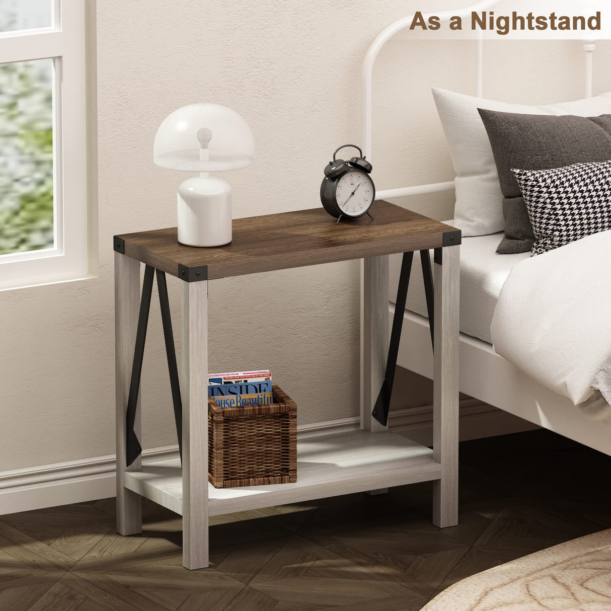 ChooChoo Farmhouse End Table for Small Spaces, Narrow Side End Table with Storage Shelf, Rustic A-Design Nightstand Sofa Table for Living Room, Bedroom (White & Brown) ChooChoo