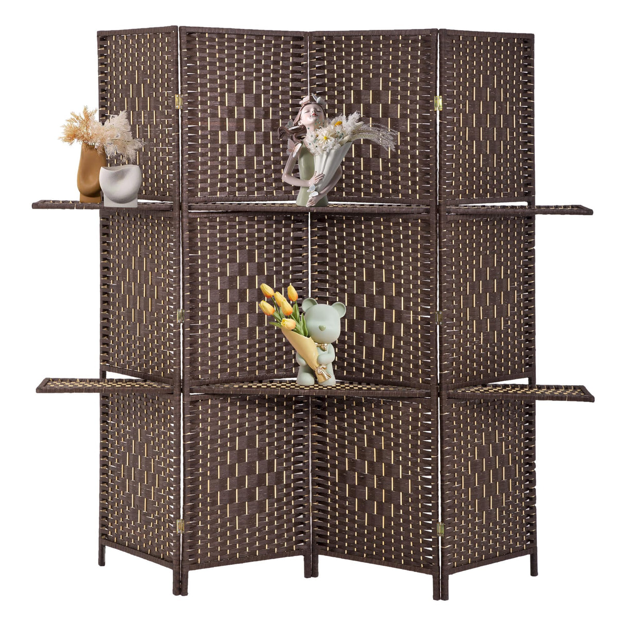 FDW Room Divider 4 Panel Room Screen Divider Wooden Screen Folding Portable Partition Screens Wood with Removable Storage Shelves Color,Brown FDW
