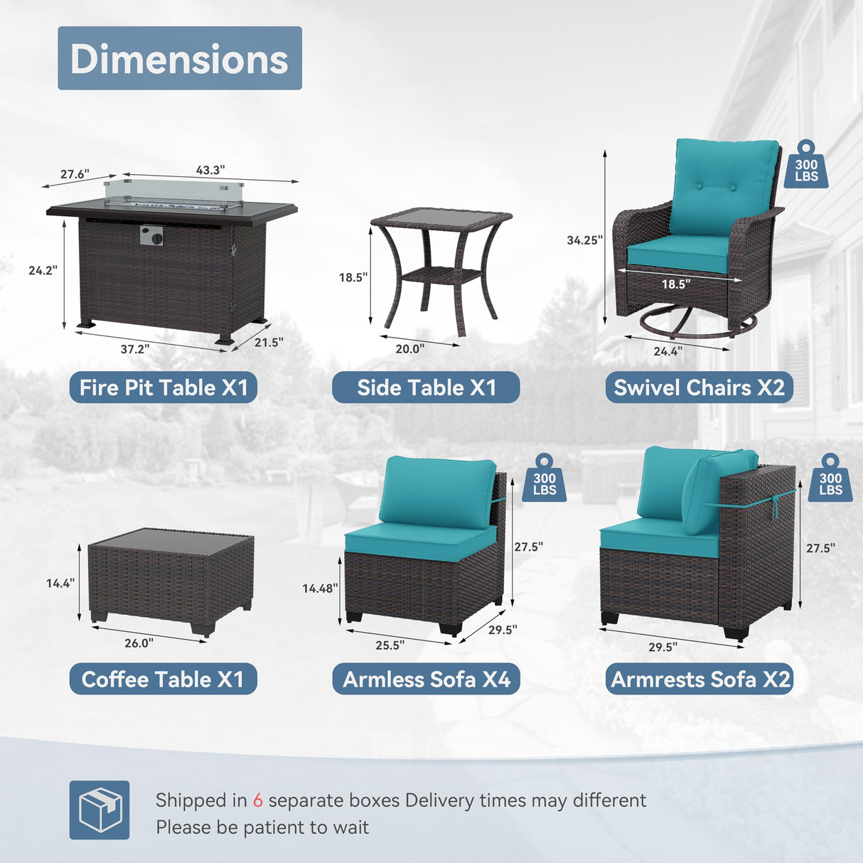 Kurapika 11 Pieces Patio Furniture Set, Rattan Wicker Outdoor Conversation Sets w/43in Propane Fire Pit Table, Swivel Rocking Chairs Patio Sectional Sofa w/4 Inch Cushion, Blue Kurapika