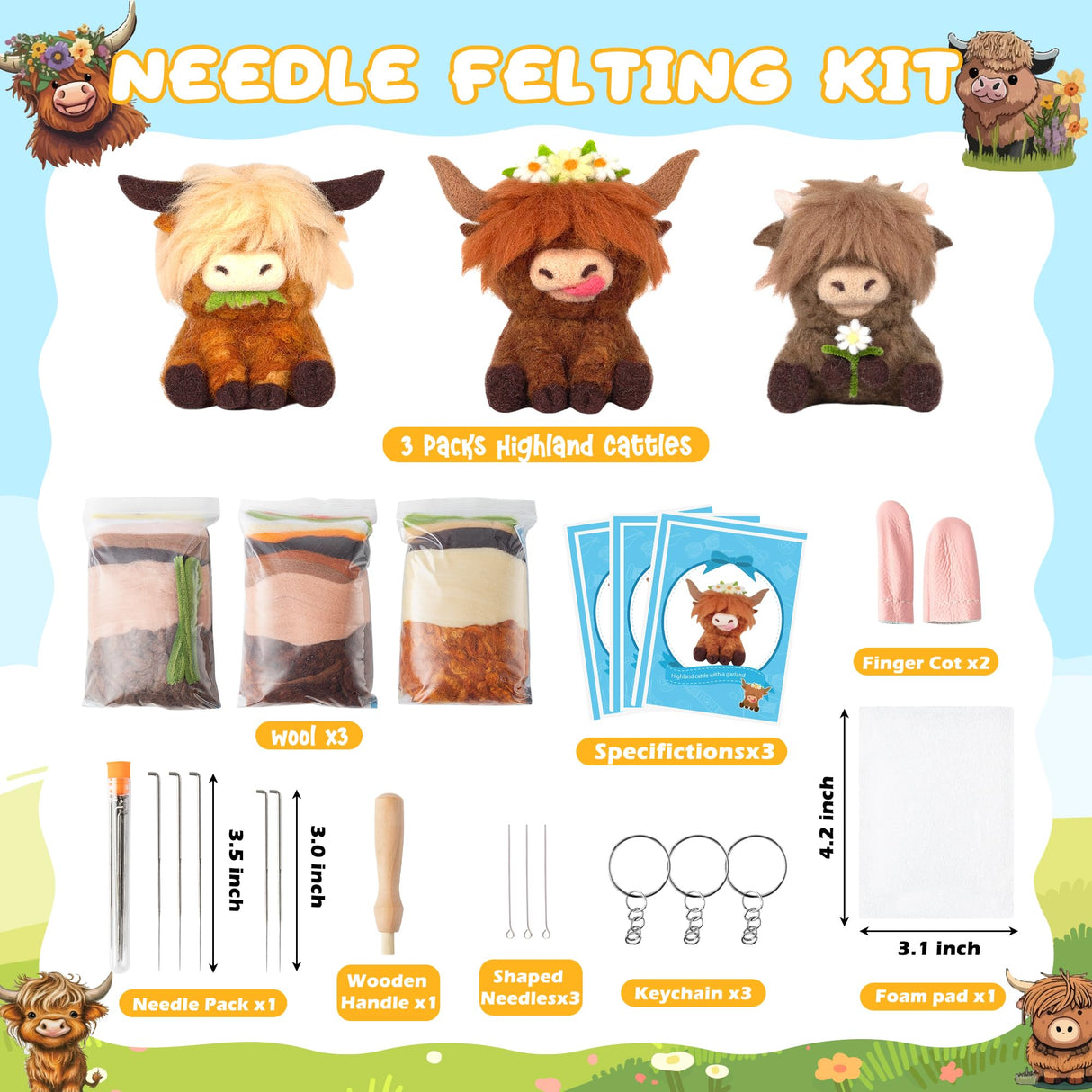 WATINC Highland Cow Needle Felting Kit - Set of 3 Different Highland Cow Doll Wool Felt Needle Felting Tools Foam Pad, DIY Home Decoration Needle Felting Craft Party Supplies for Beginners WATINC