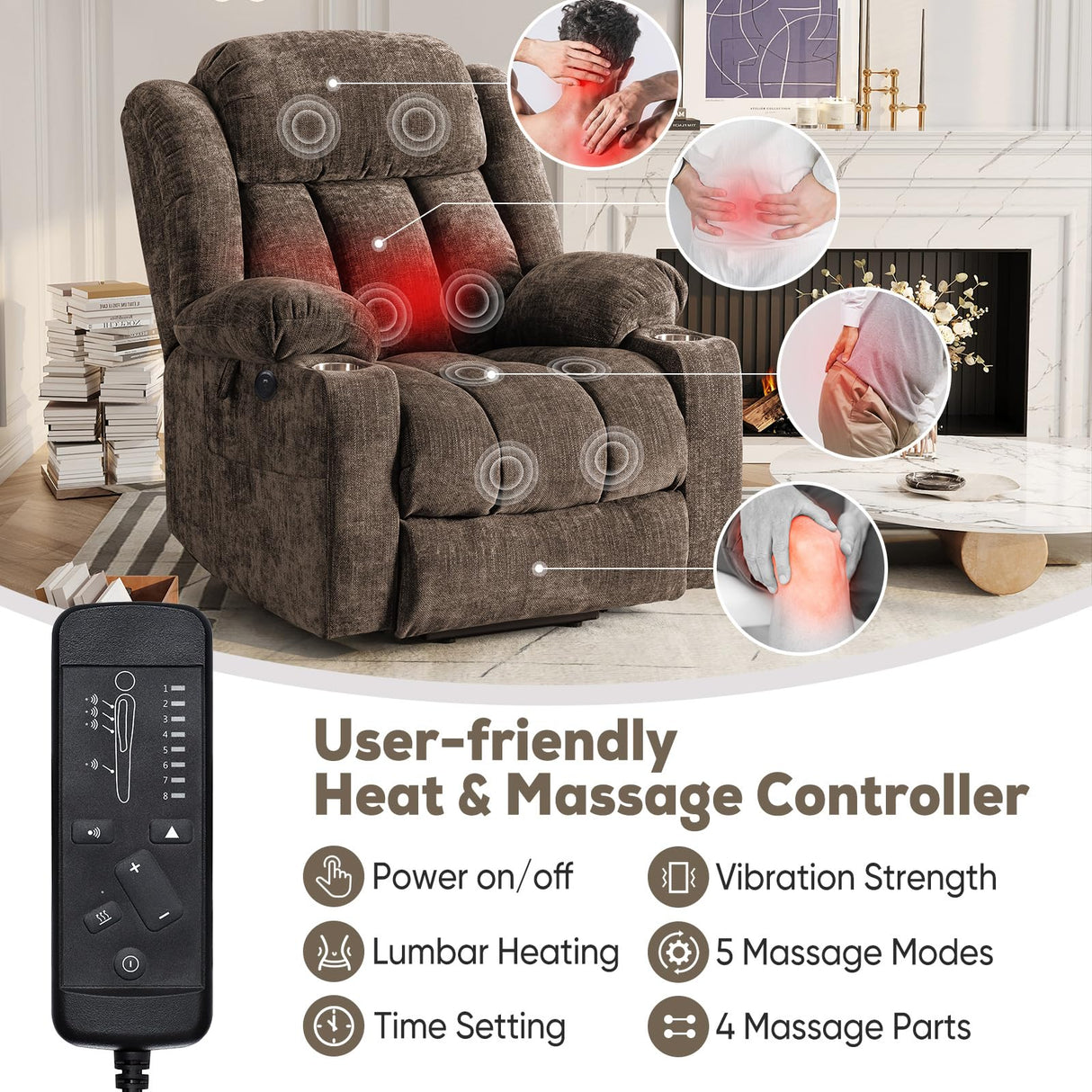 ABCASA Large Dual Motor Lay Flat Power Lift Recliners Chair for Elderly with Heat & Massage, Comfortable Chenille Recliner, USB-A & C, Cup Holder, Side Pocket, Brown ABCASA