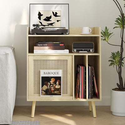 Semiocthome Record Player Stand with Vinyl Storage, Record Player Table with Storage Shelf, Turntable Stand with Rattan Cabinet Door, Side Table with Solid Wood Legs for Turntables for Living Room