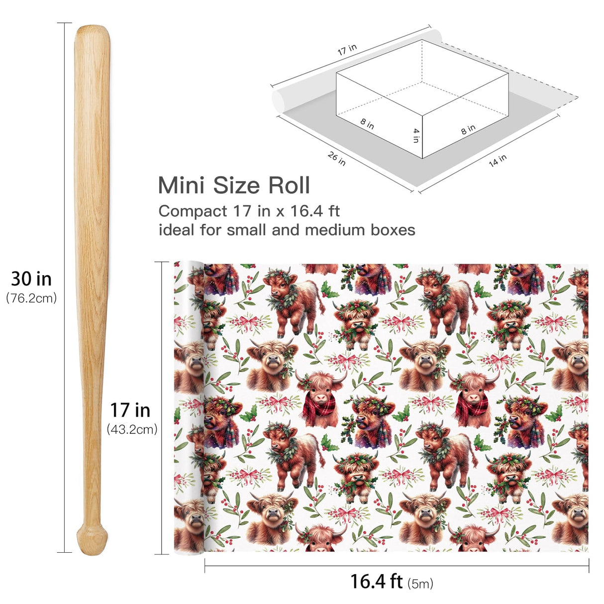 RUSPEPA Christmas Cow Wrapping Paper Roll, Mini Roll, Cute Highland Cow with Wreath & Scarf, Floral and Greenery, Gift Wrap for Kids, Women, Family, Farmhouse Style Xmas Gifts, 17 Inches x 16.4 Feet RUSPEPA