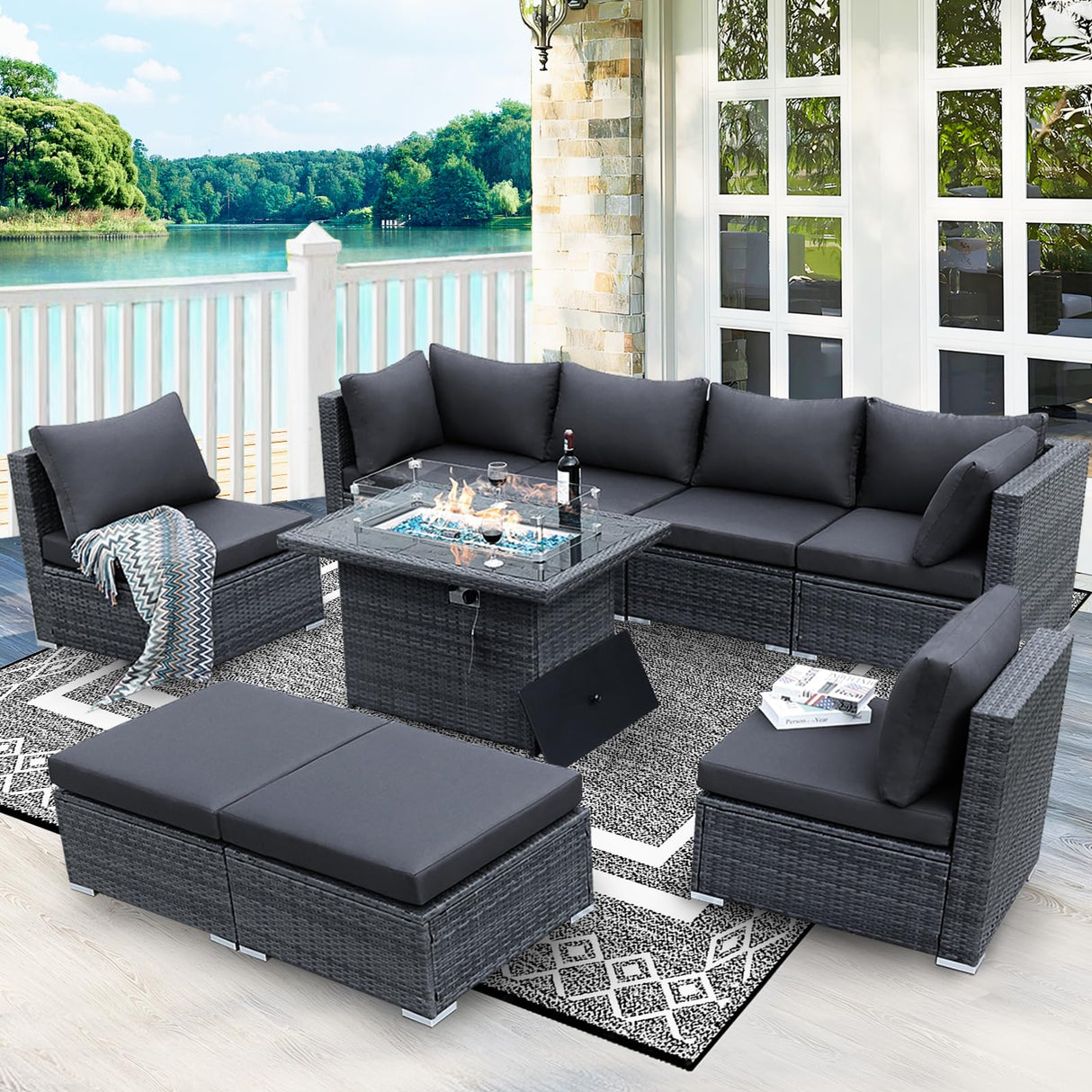 BULEXYARD 9 Pcs Highback Patio Furniture Set with Firepit, High-End Outdoor Sectional Couch with Ottoman 8-Seats, Cozy Comfy Wide Deep Deck Seating Group Conversation, Grey Rattan & Dark Gray Cushion BULEXYARD