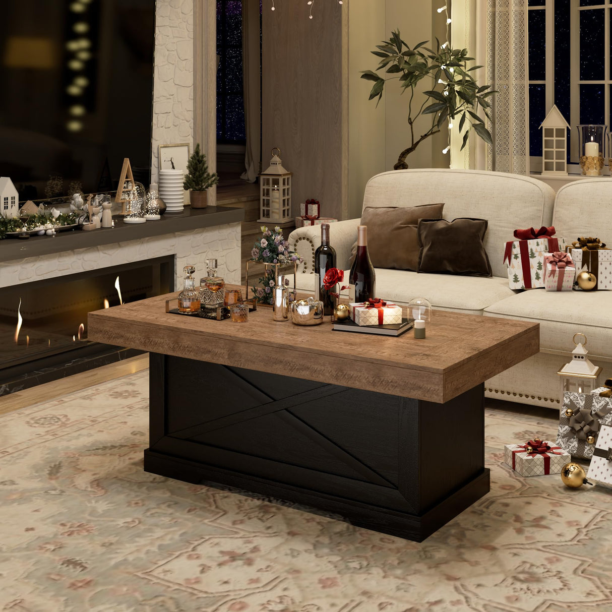 Lareth Coffee Table 39 in Rustic Center Table with X-Design Wooden Pedestal for Living Room, Space Saving, Rectangle Home Office Tea Accent Table for Apartment, Dark Oak Black Lareth