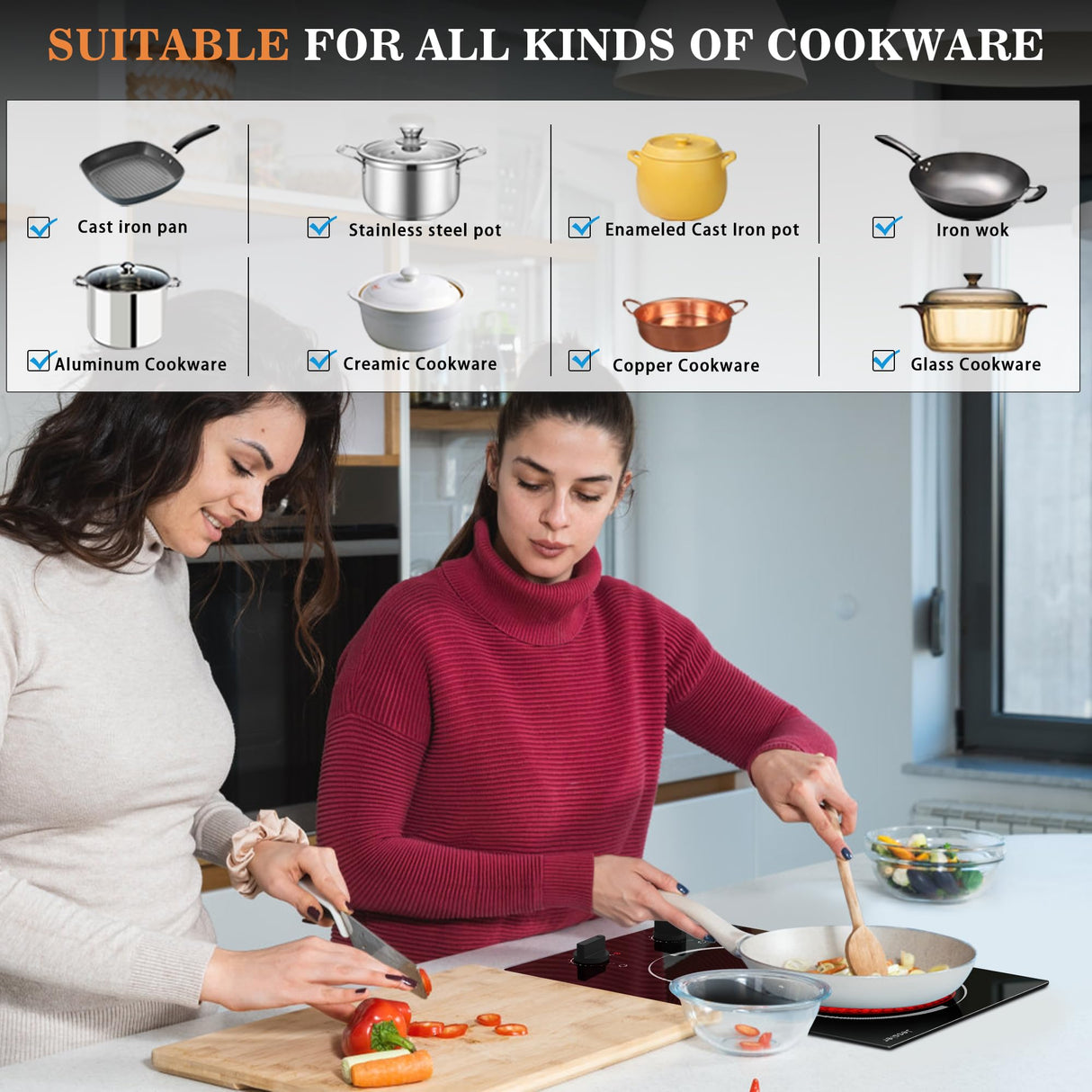 Jessier 2 Burner Electric Cooktop - 12 Inch Plug in Portable 110V Electric Cook Top, Built-in & Countertop Ceramic Stove Top with Knob Control, 9 Power Levels and Overheat Protection Jessier